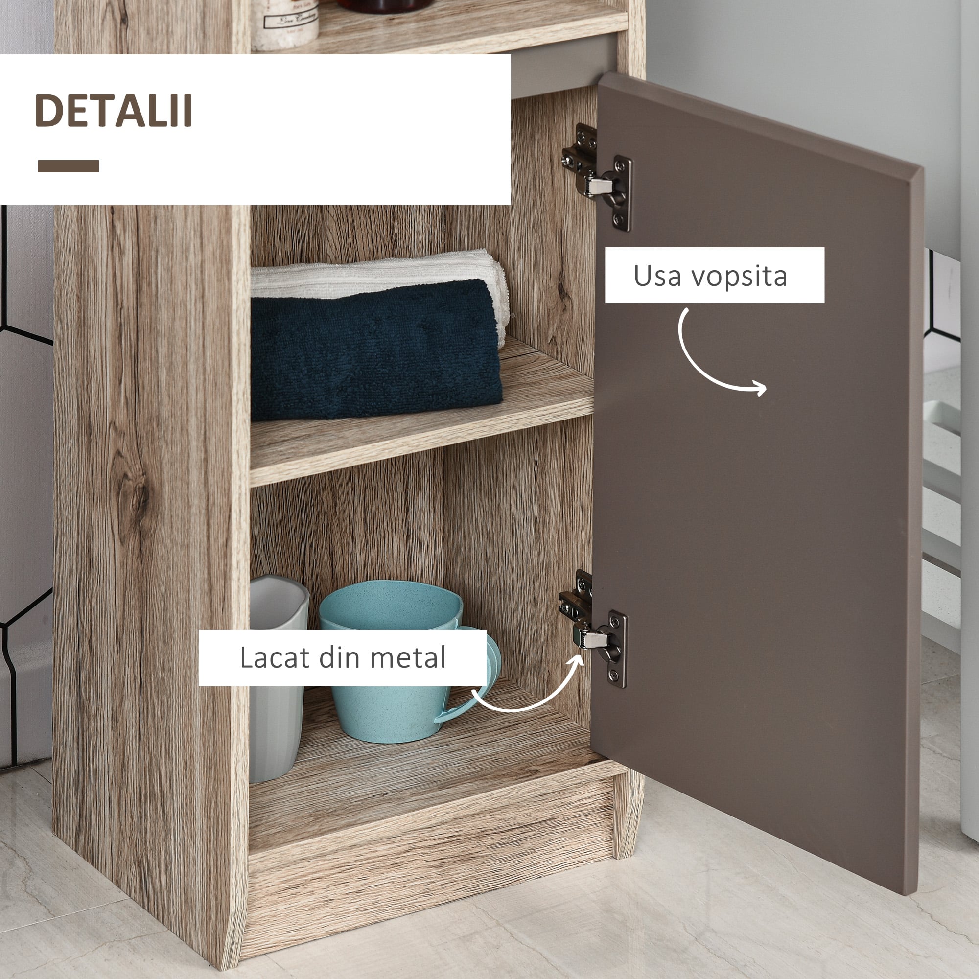  Dulap Baie Space Saver - Gri & Stejar, Cu 6 Rafturi & Dulapioare [5]