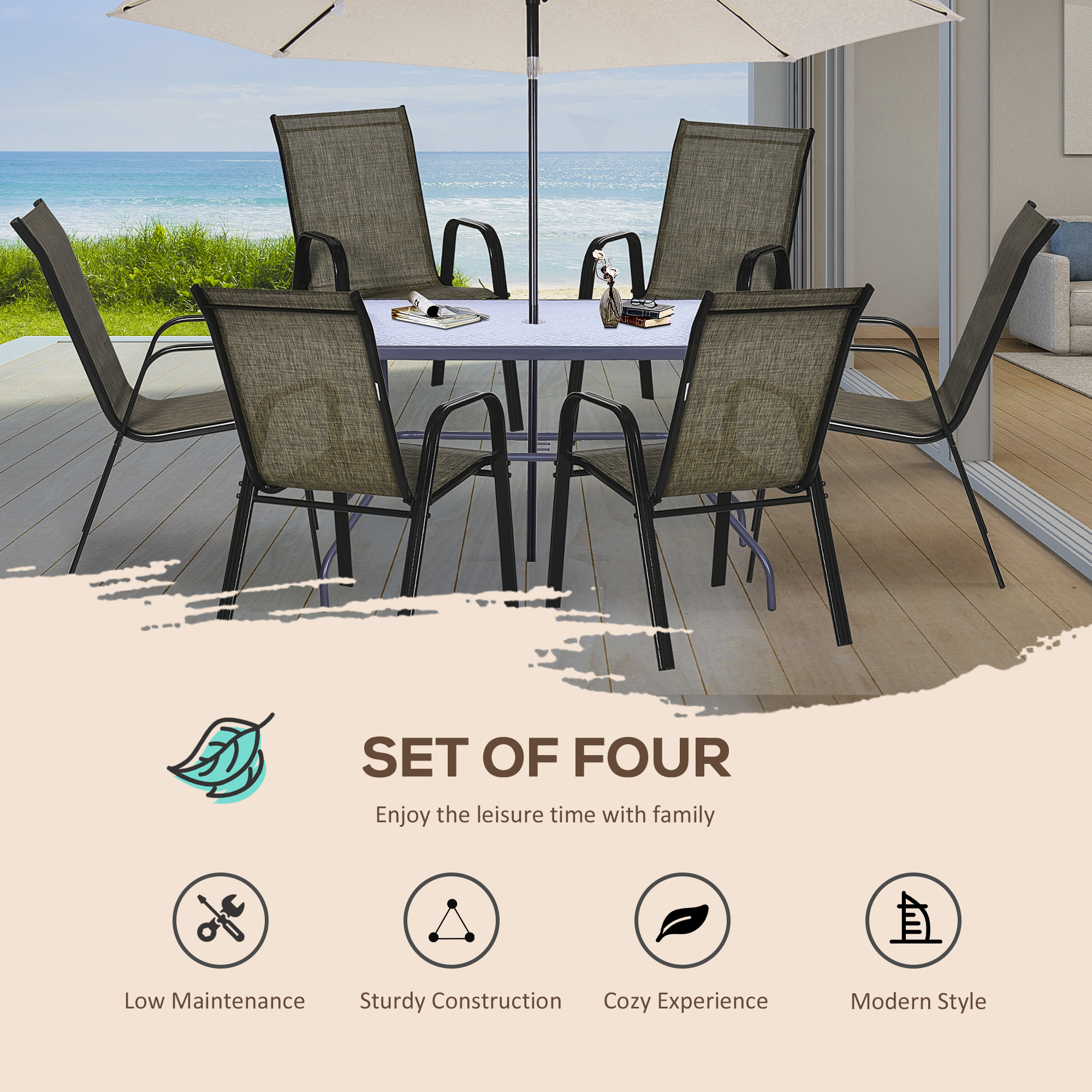  Set 6 Piese Scaune de Gradina cu Cotiere, Scaune de Exterior Stivuibile din Metal si Tesatura Respirabila, Maro [3]