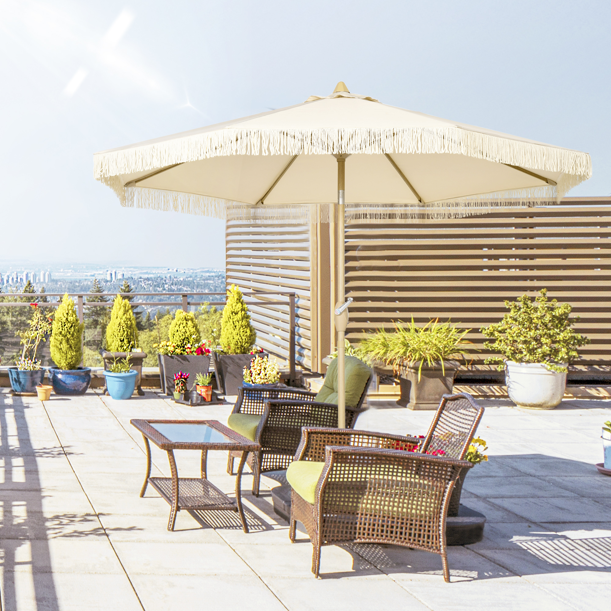  Umbrela de Gradina inclinabila pe 3 Niveluri cu Franjuri, Manivela si Tija cu 2 Sectiuni, Ø265x244 cm, Crem [8]