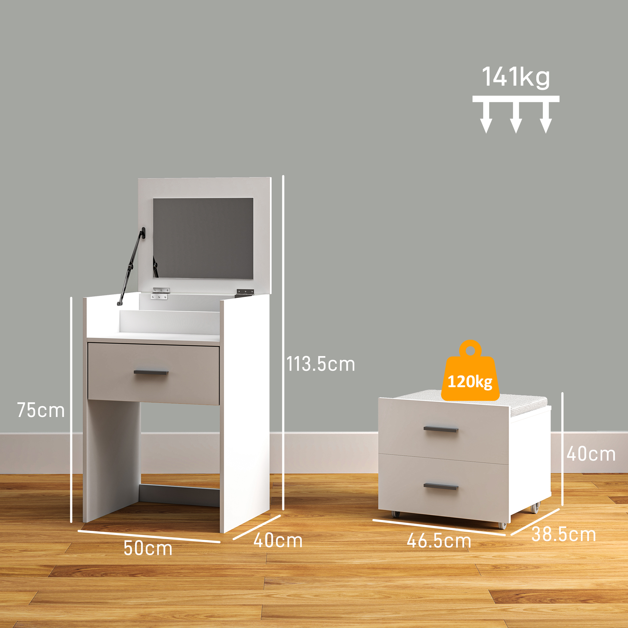  Masa de Machiaj din Lemn cu Oglinda Rabatabila, 2 Sertare si Taburet, 50x40x113,5 cm, Alb [2]