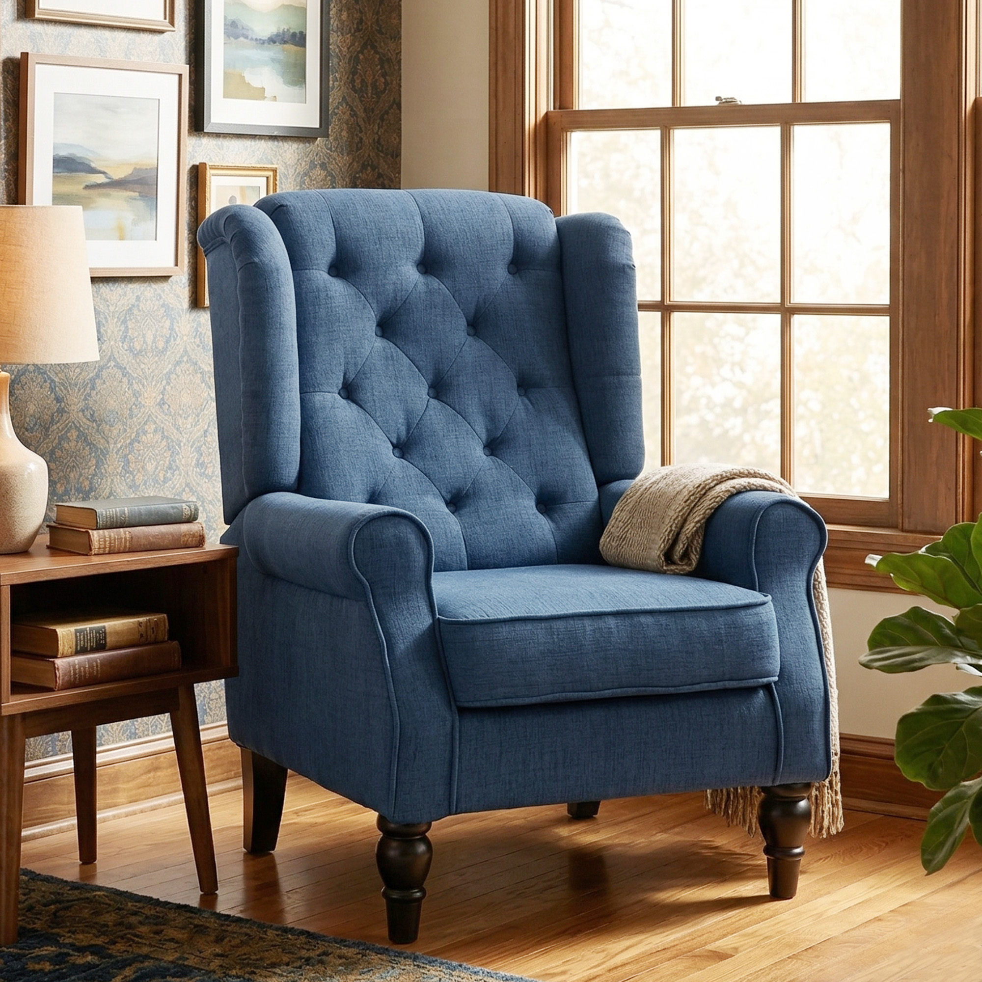  Fotoliu pentru Living in Stil Francez cu sezut Confortabil si Perne, Catifea, 74x86x102 cm, Albastru [7]