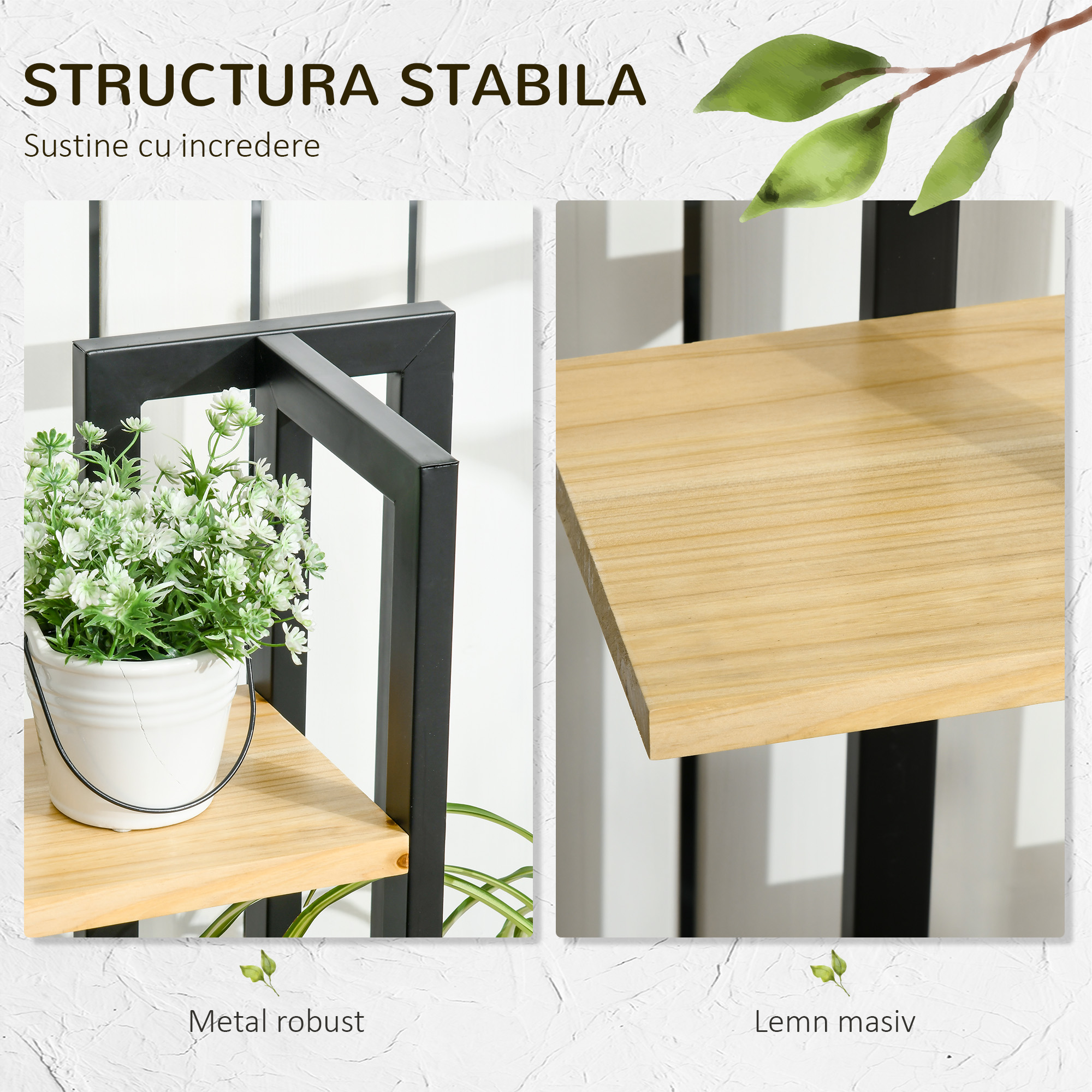  Suport pentru Plante cu 4 Etaje din Lemn de Brad si Metal, 45x25x110 cm, Negru [4]