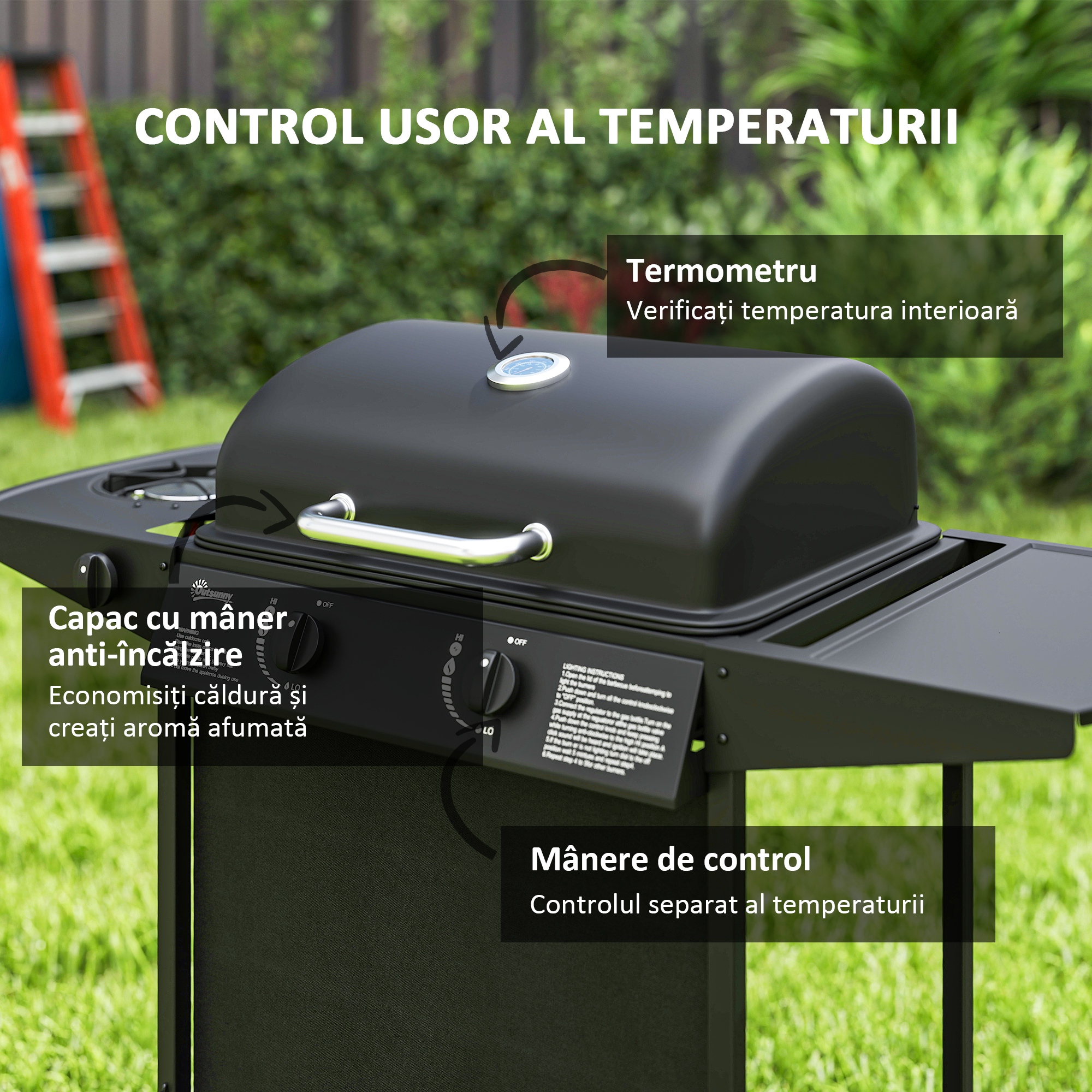  Gratar pe Gaz cu Capac, Termometru, Masuta Laterala si Tava pentru Colectarea Grasimii, 107x54x96 cm, Negru [4]