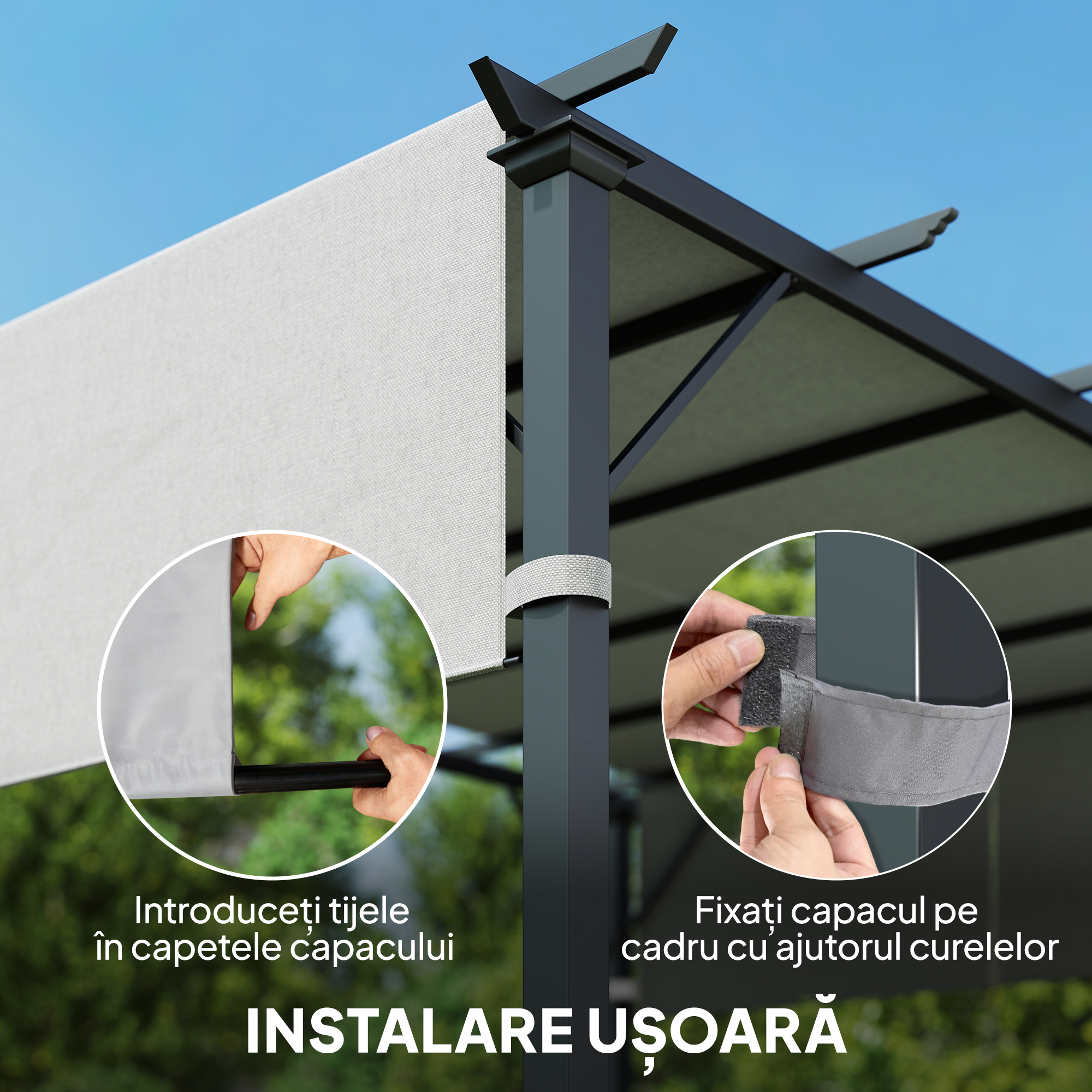  Prelata Pergola Foisor 3x3 m cu Buzunare si Curele pentru Bare, din Poliester, 488x122 cm, Gri Deschis [5]