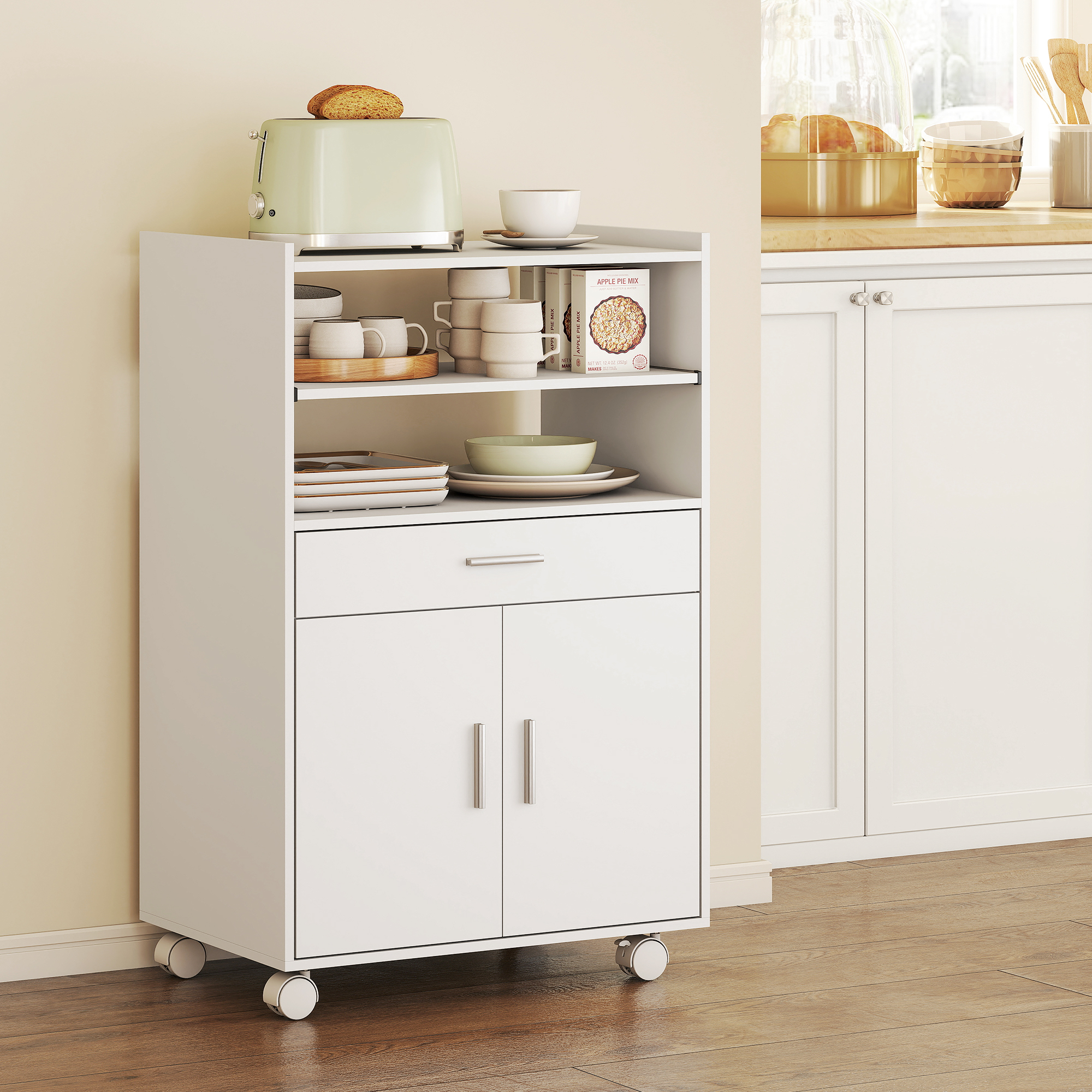  Dulap pentru Cuptorul cu Microunde din Lemn cu Sertar, Dulap cu 2 Usi si 2 Rafturi, 59x40x92 cm, Alb [7]