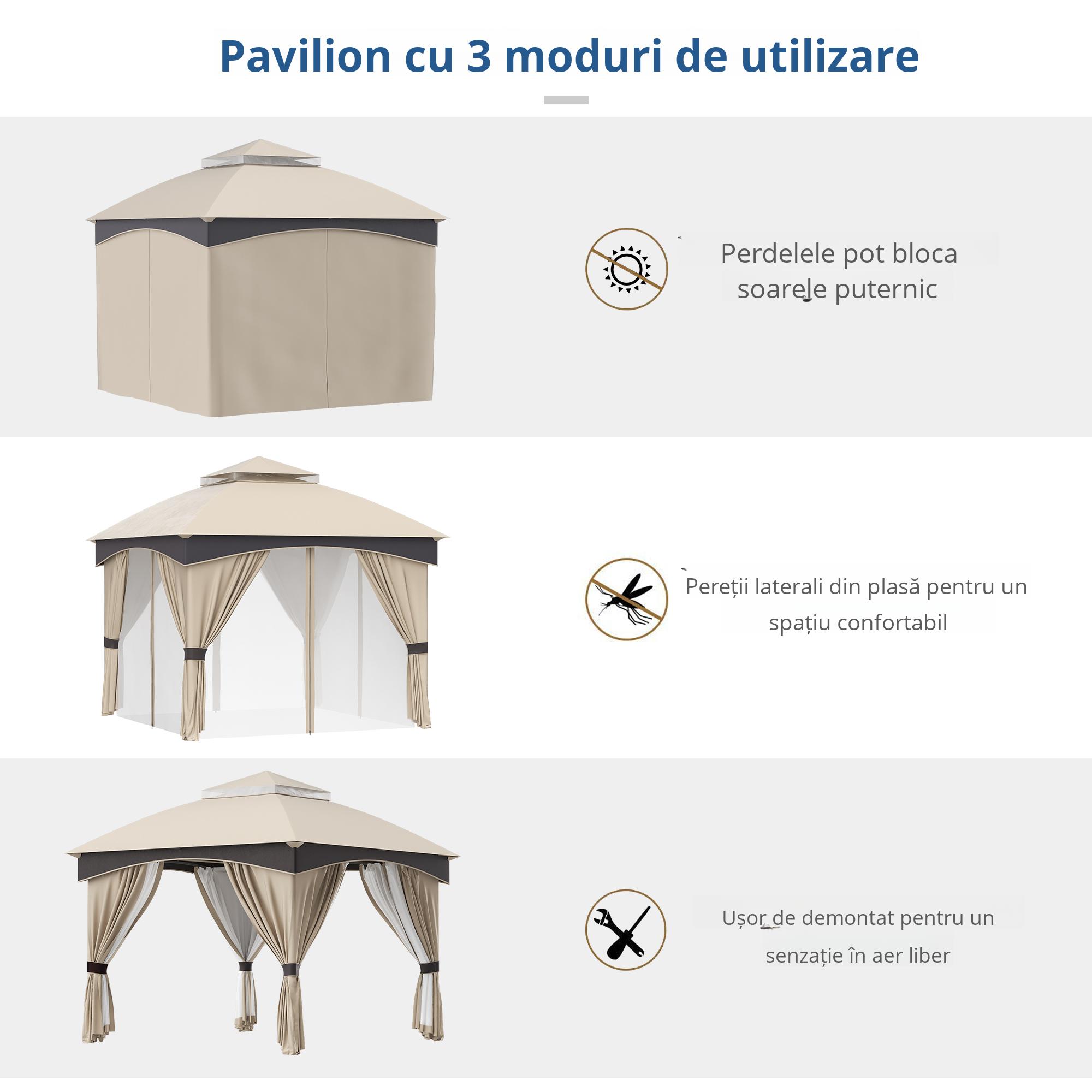  Foisor pentru gradina 3m x 3 m, Adapost copertina foisor exterior cu acoperis dublu cu plasa & draperii, Cadru din otel galvanizat pentru gradina, gazon, curtea din spate si punte [3]