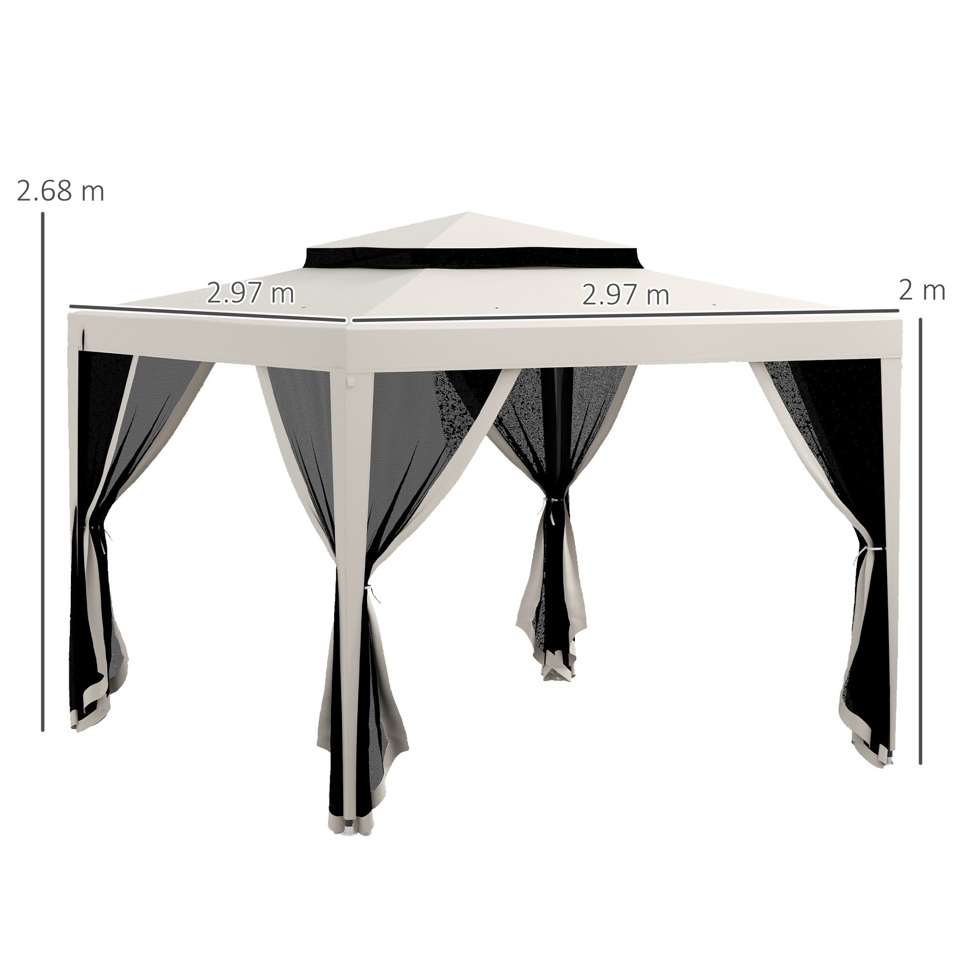  Foisor de Gradina cu Plasa tantari, Foisor cu Acoperis Dublu si Cadru Metalic, 297x297x268 cm, Bej [2]