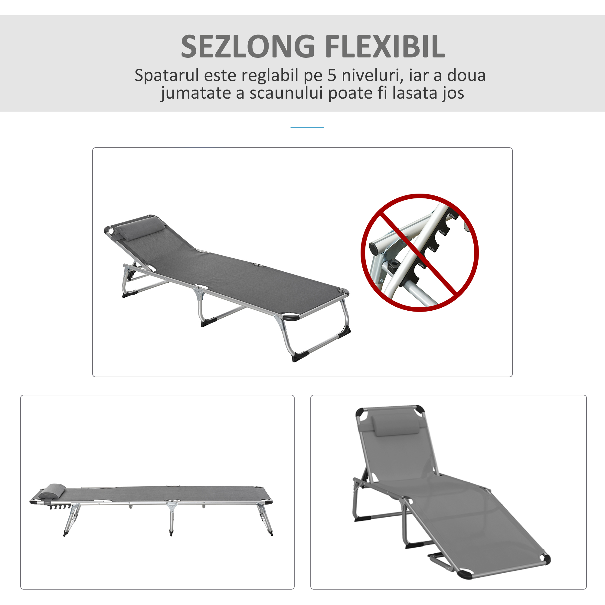  sezlong Pliabil cu Tetiera si Spatar Reglabil din Aluminiu 60x165x76cm Gri [3]
