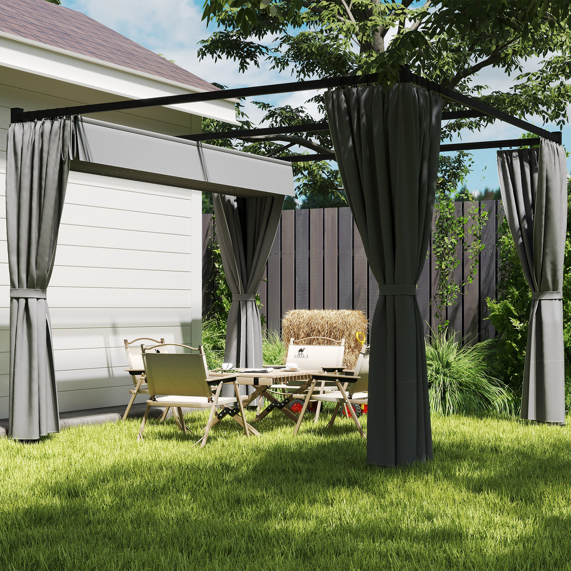  Pergola de Gradina cu Acoperis Retractabil si Draperii, din Metal si Poliester, 300x300x227 cm, Gri Deschis [8]