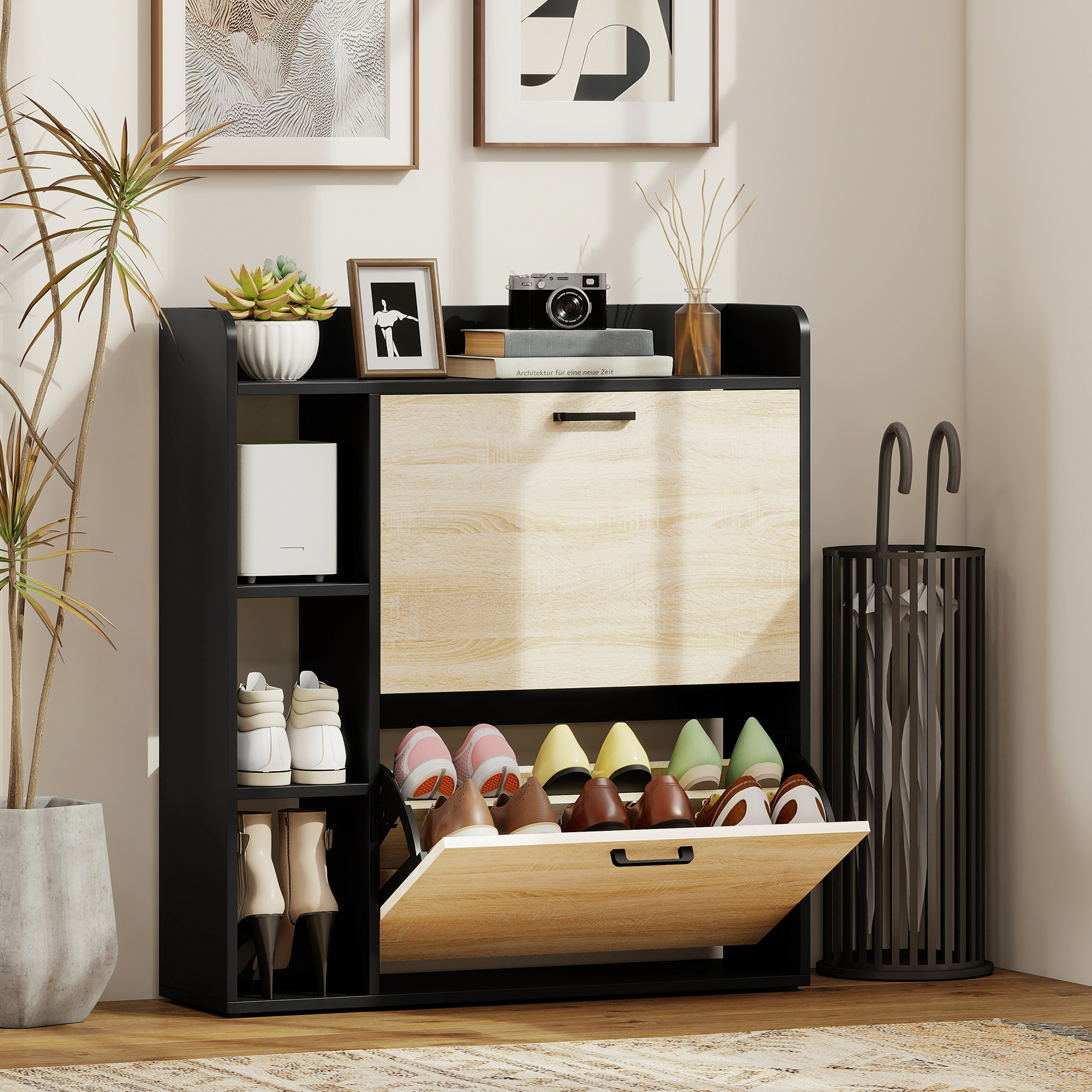  Dulap pentru pantofi slim cu 2 sertare si 3 compartimente deschise, Capacitate 15 perechi, 83x24x90.5 cm, Negru [1]