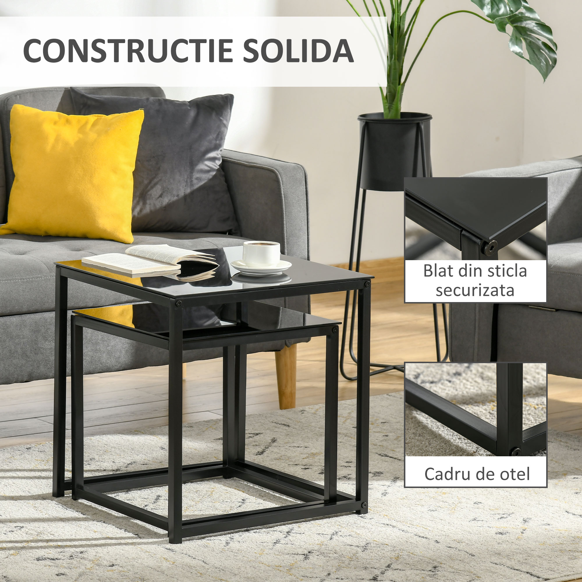  Set 2 Masute pentru Sufragerie Moderne din Otel si Sticla Securizata - Negru [4]