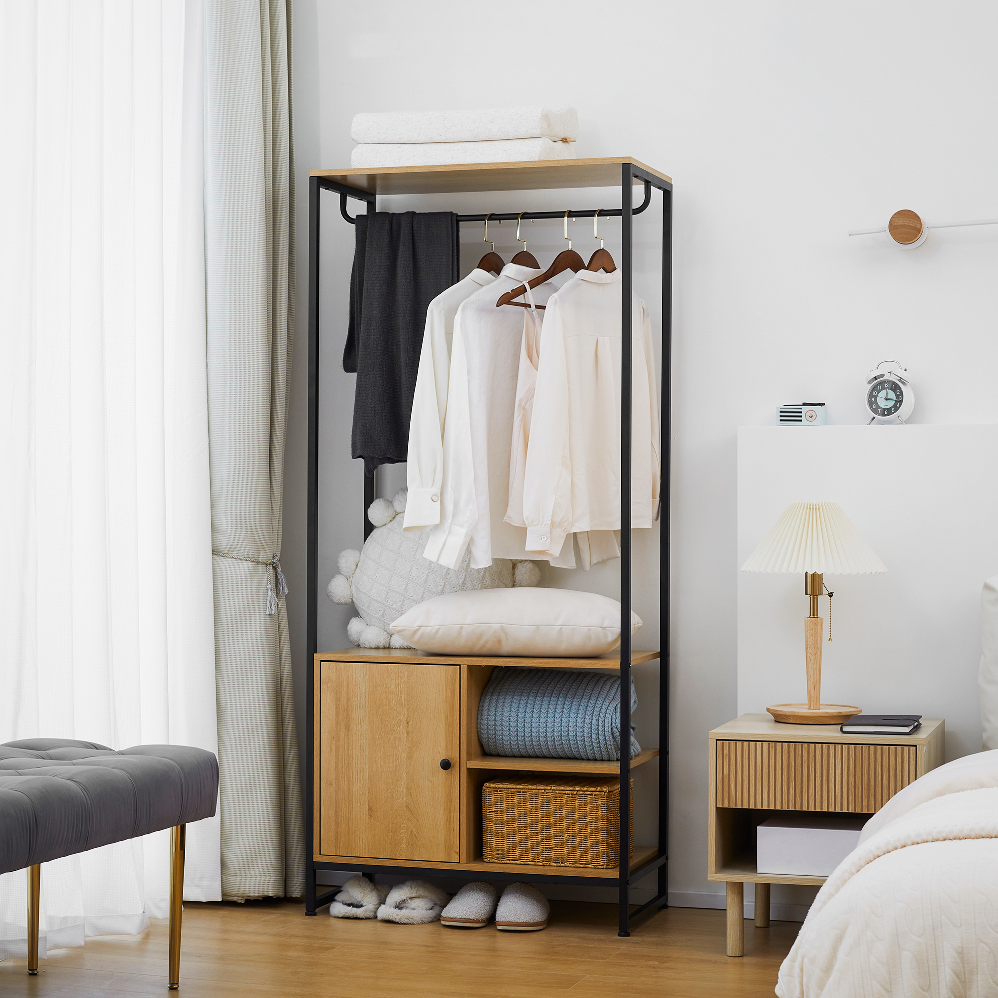  Cuier industrial , suport pentru haine, suport pentru haine cu tija de agatat, rafturi deschise si dulap inchis pentru dormitor si intrare, Natural [1]