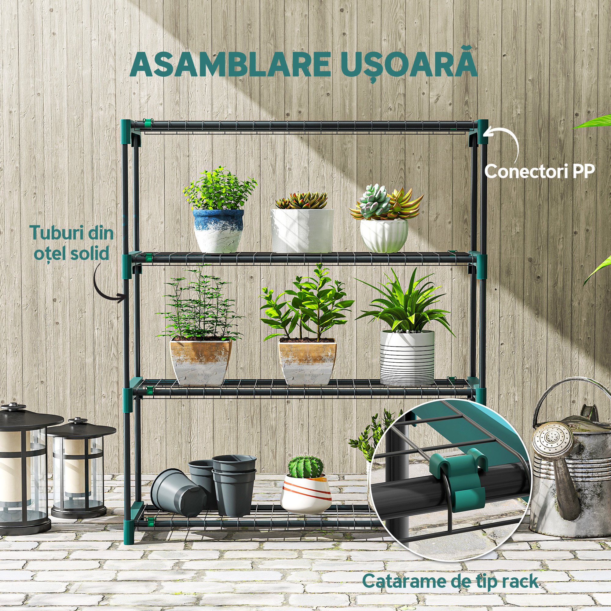  Set de 2 rafturi pentru plante cu 4 niveluri din otel cu carlige, 90x28x104 cm, verde [5]