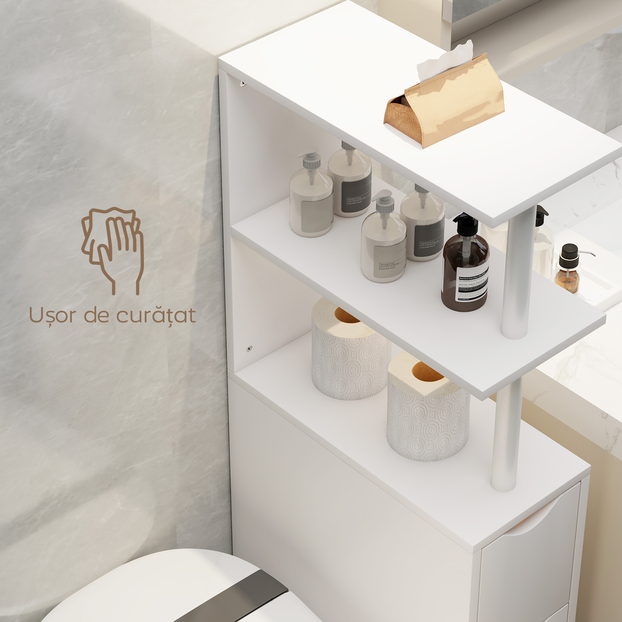  Dulap de Baie Slim cu Sertare si Rafturi, Dulap Economisitor de Spatiu cu Sertar pe Roti, Coloana de Baie pentru Living sau Birou, 20x45x115 cm, Alb [7]