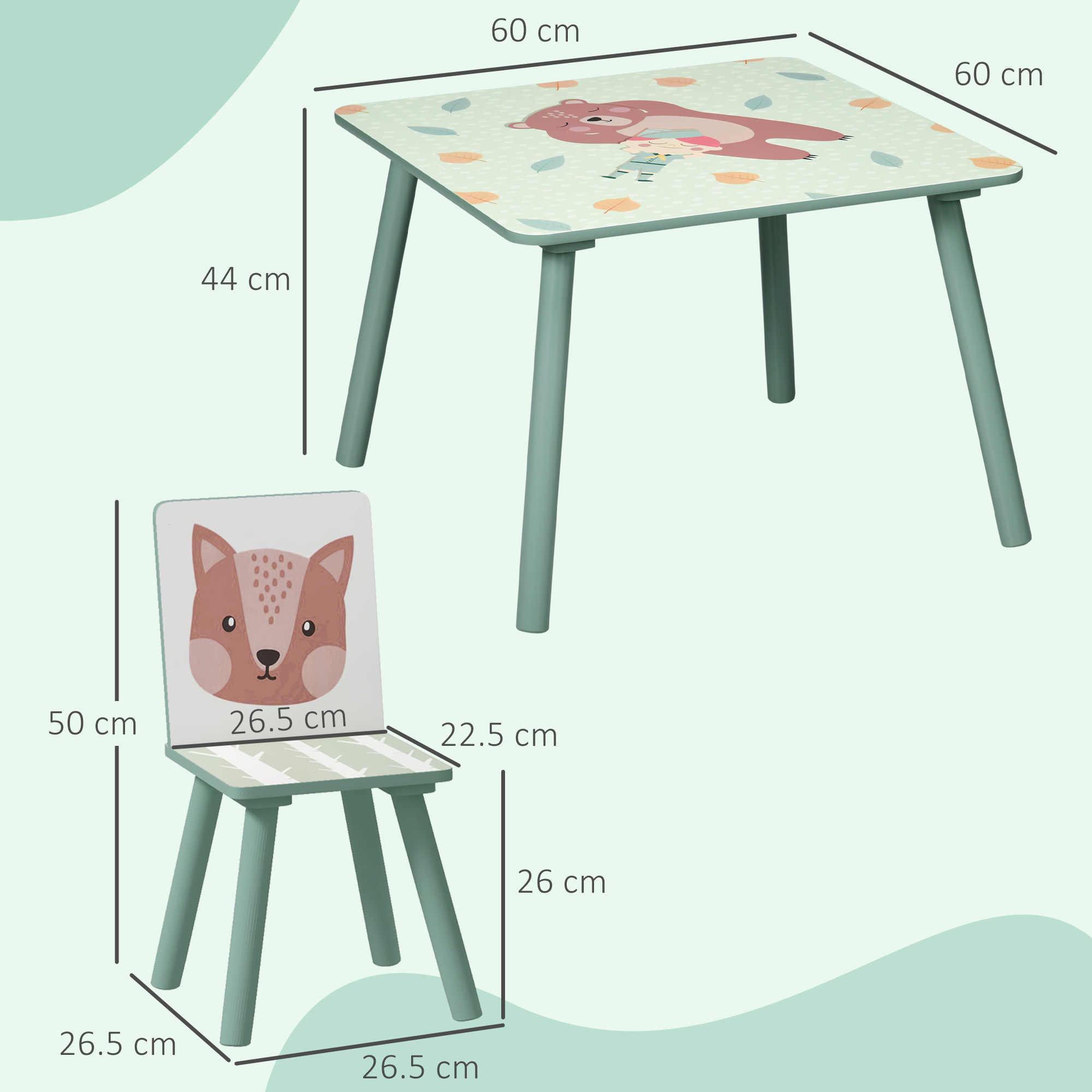  Set masa si scaun 3 piese pentru copii MDF lemn de pin desene animale verde distractie copii indemanare confortabil pentru copii model cu desene [2]