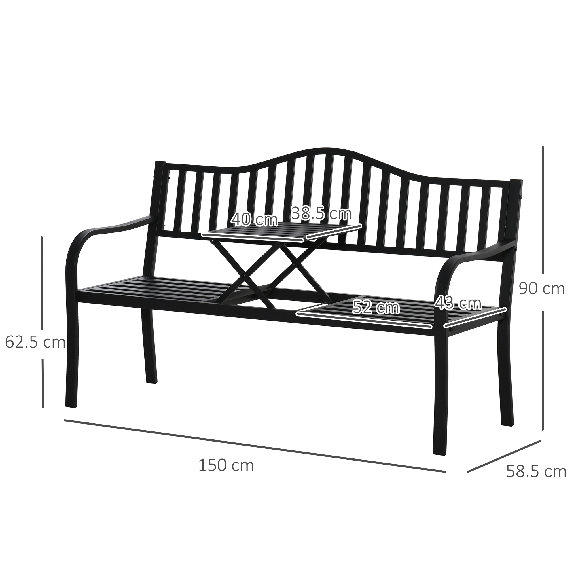  Banca de Gradina cu 2-3 Locuri din Metal, Banca de Exterior cu Masuta Extensibila, Spatar cu sipci si Cotiere, pentru Balcon, Terasa si Curte, 150x58.5x90 cm, Negru [2]