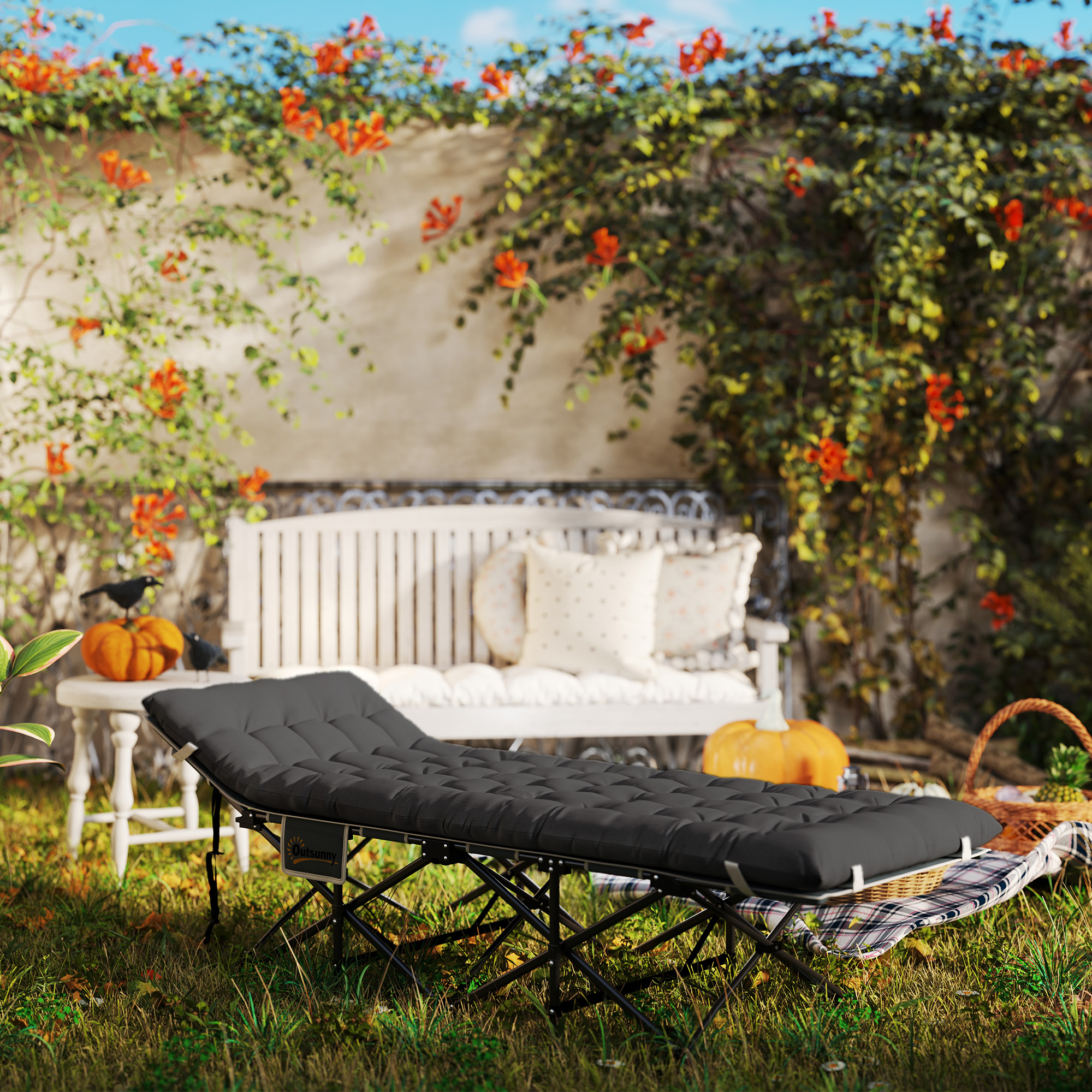  Pat de Camping Pliabil cu Suport pentru Cap inclinat si Saltea Detasabila, 196x68x37 cm, Negru [8]