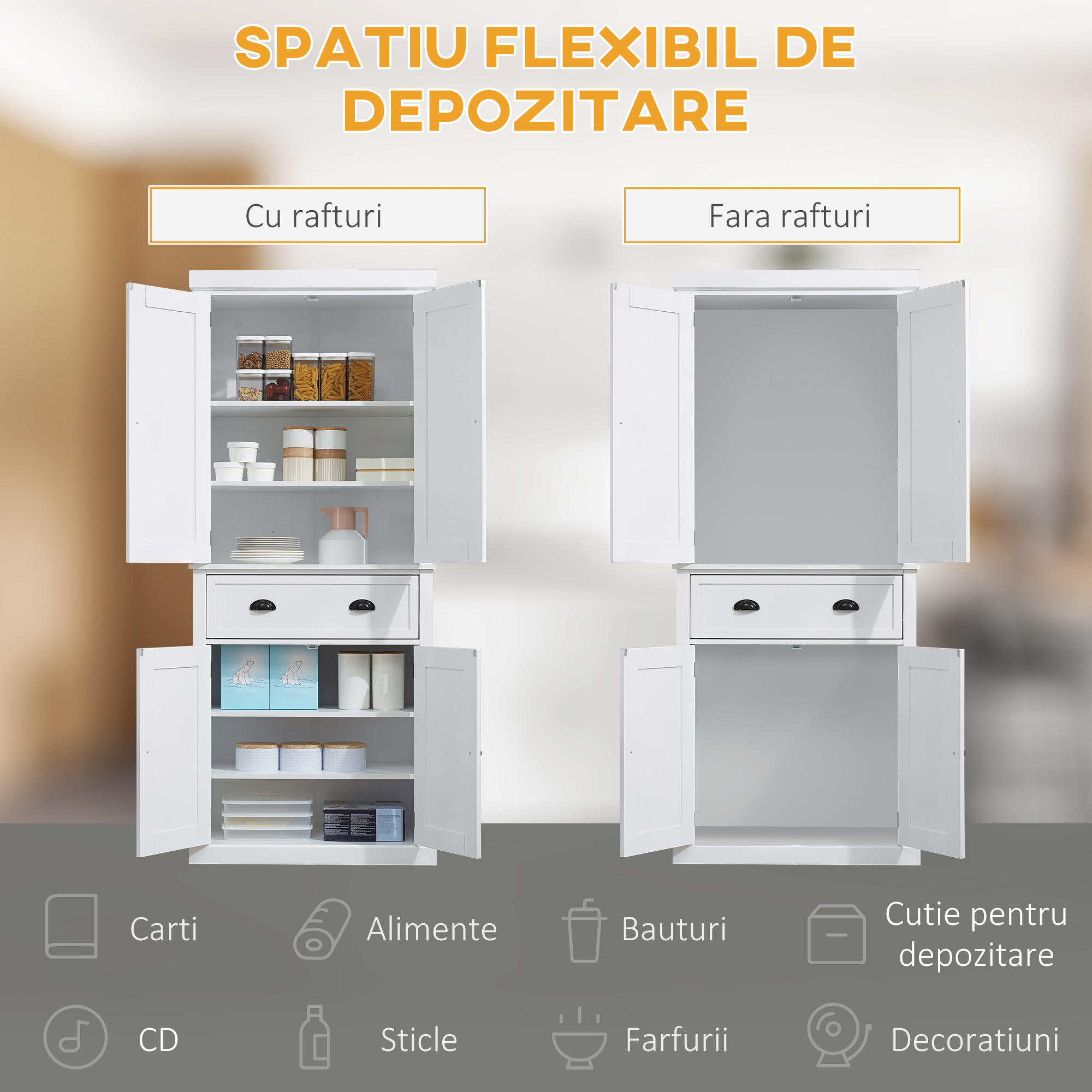  Dulap de bucatarie cu dulap superior si inferior si sertar central din MDF, placi aglomerate si metal, 76x40,5x184cm, alb [4]