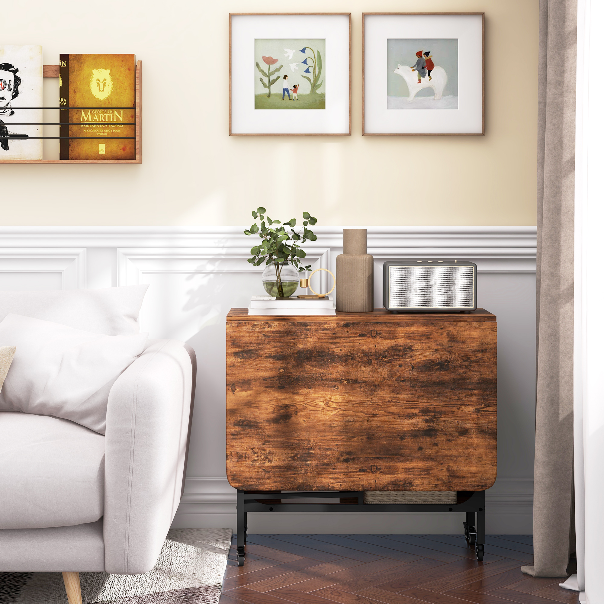  Masa Pliabila cu 6 Roti si Raft Stil Industrial din Lemn si Metal, Maro Rustic [7]