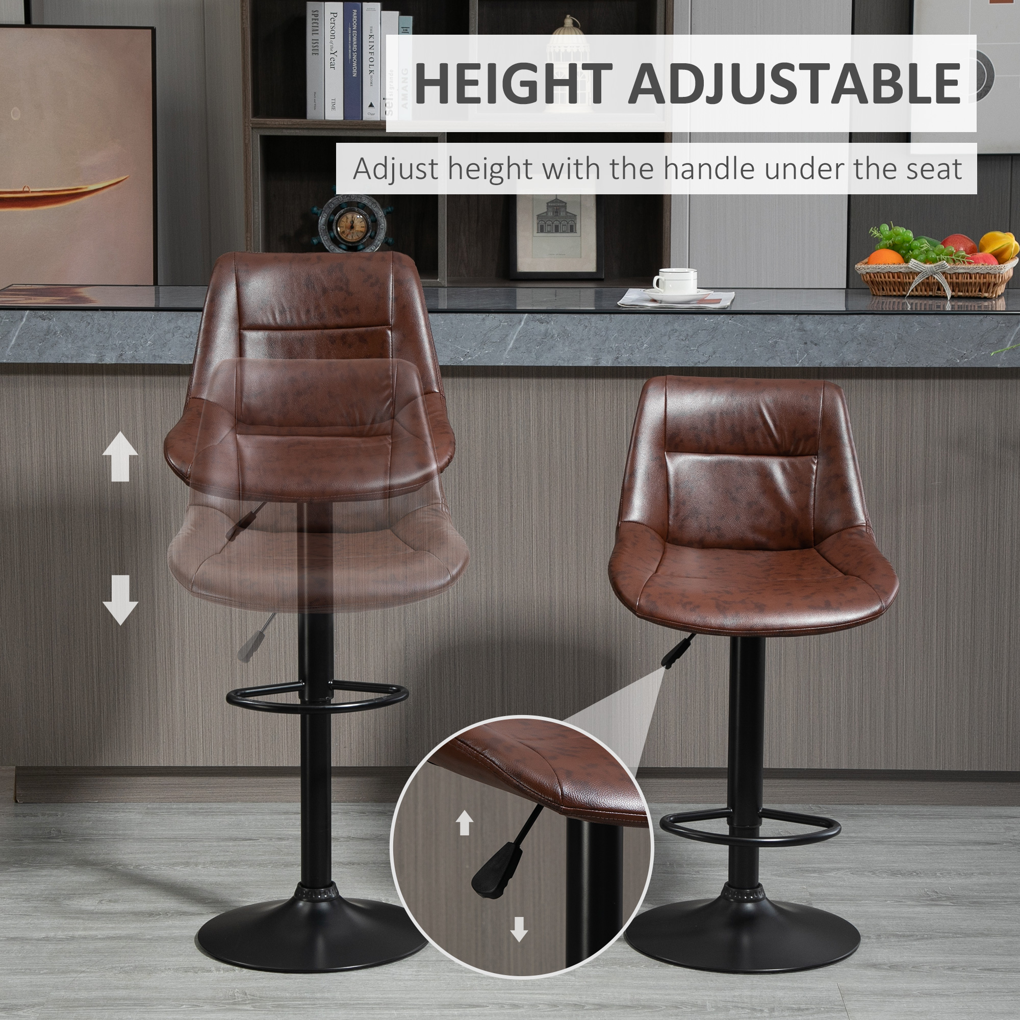  Set 2 Scaune de Bar Vintage din Piele Sintetica Maro cu Suport pentru Picioare si Baza Rotunda, 46,5x50x88-108 cm [3]