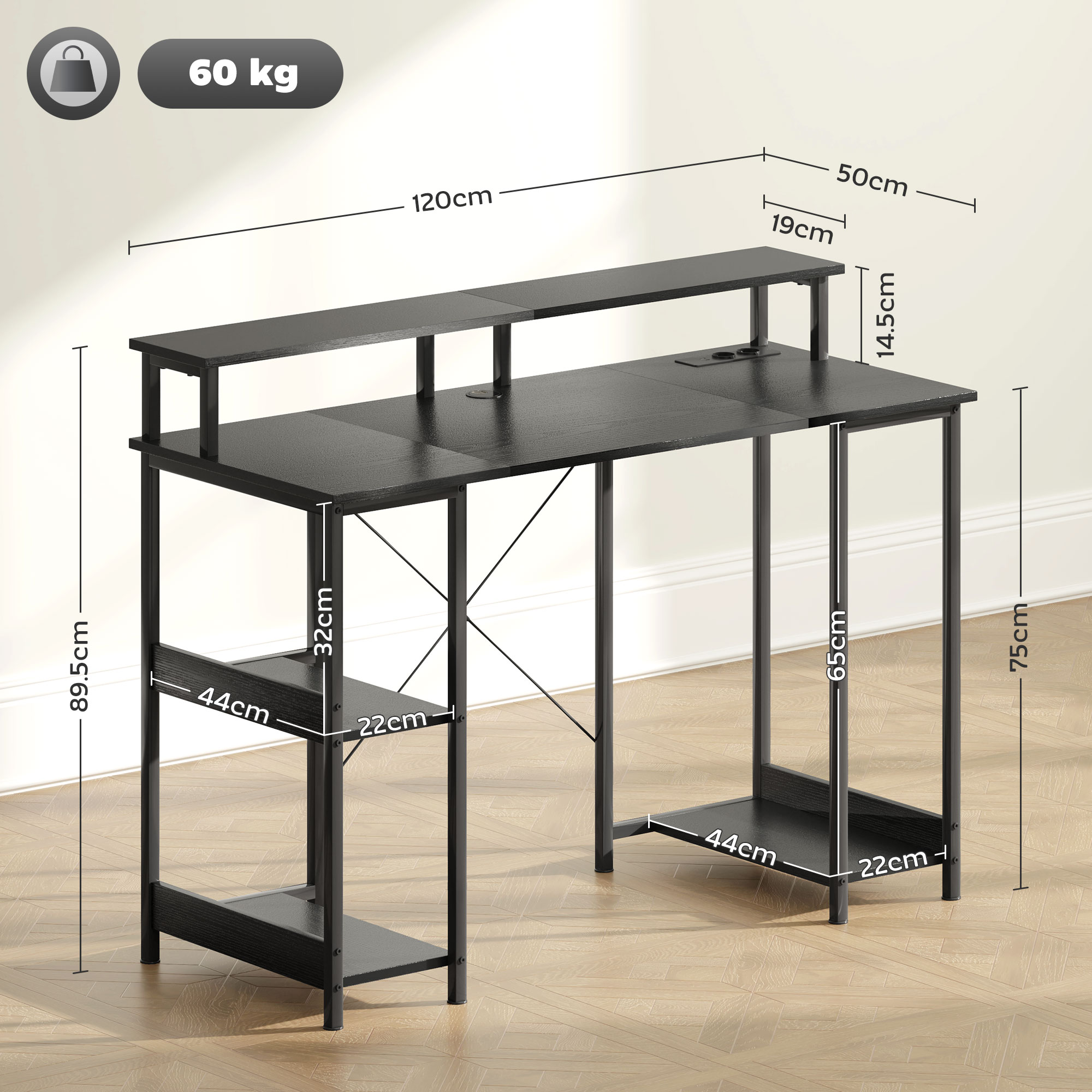  Birou Reversibil pentru Calculator cu Prize, Lumini LED, Suport Dublu si Rafturi Reglabile, 120x50x89,5 cm, Negru [2]