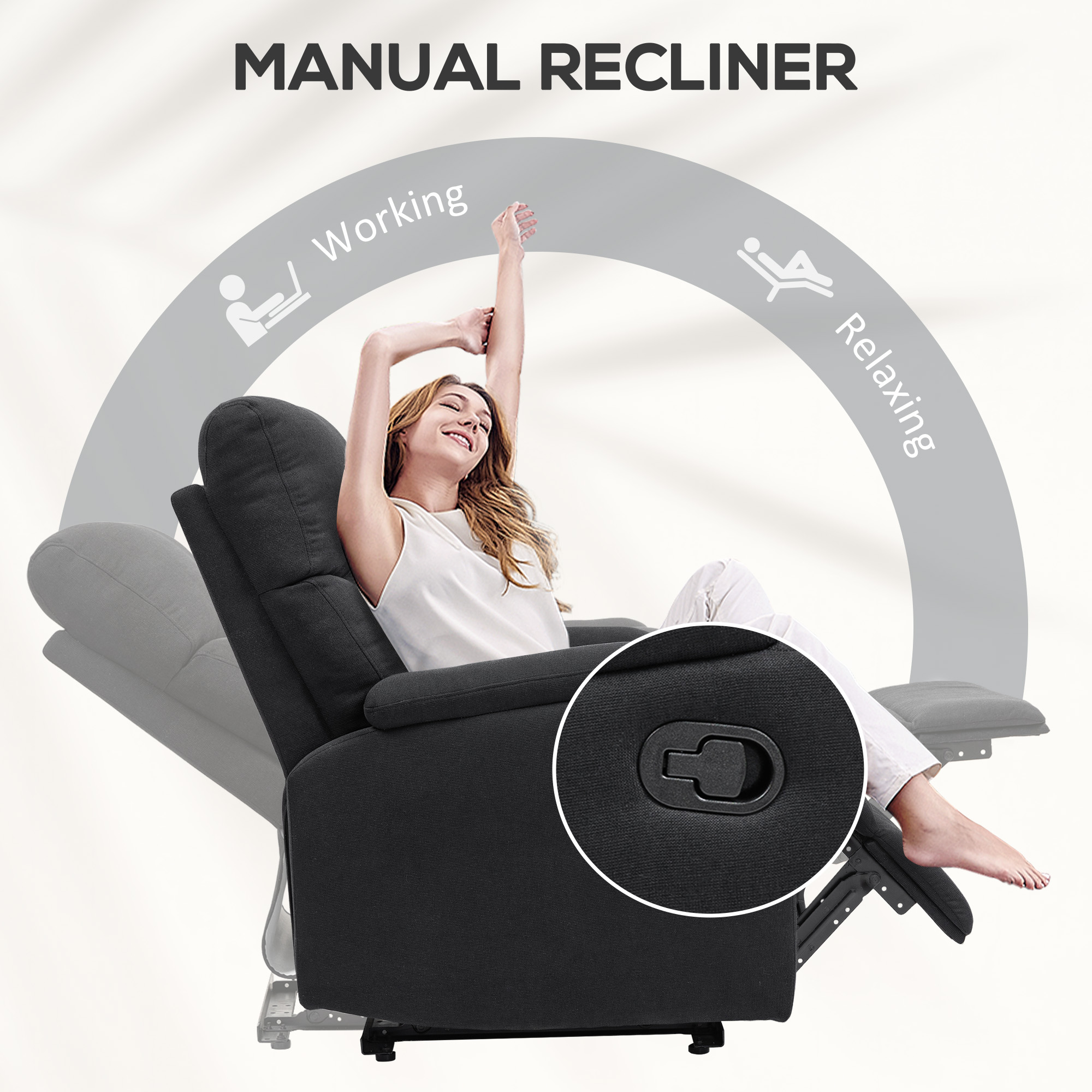  Fotoliu Recliner din In cu Suport Reglabil pentru Picioare, 69x91,5x103 cm, Negru [3]