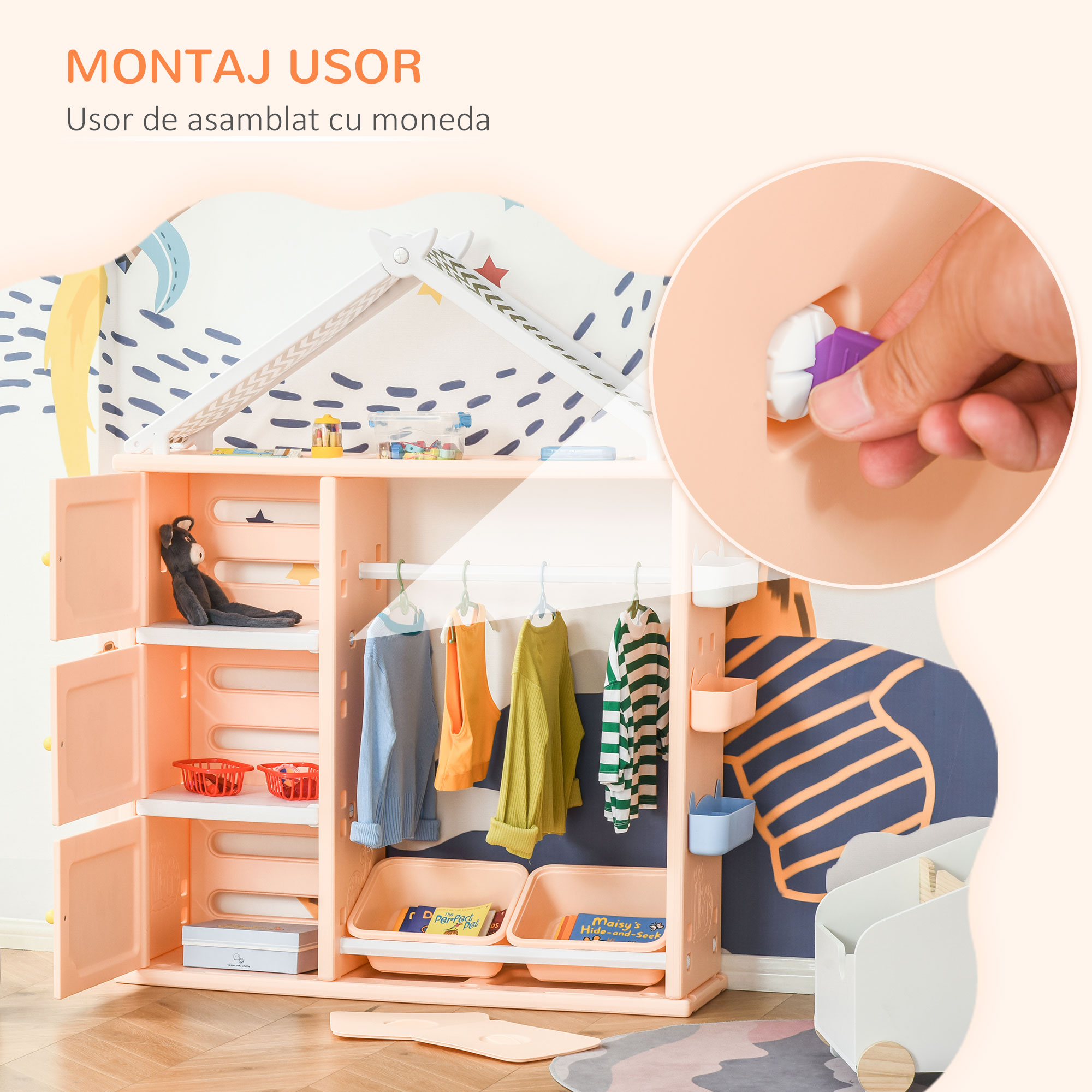  Dulap pentru Camera copiilor cu Mobila pentru Jucarii cu Cuier pentru Haine din PE Portocaliu [4]