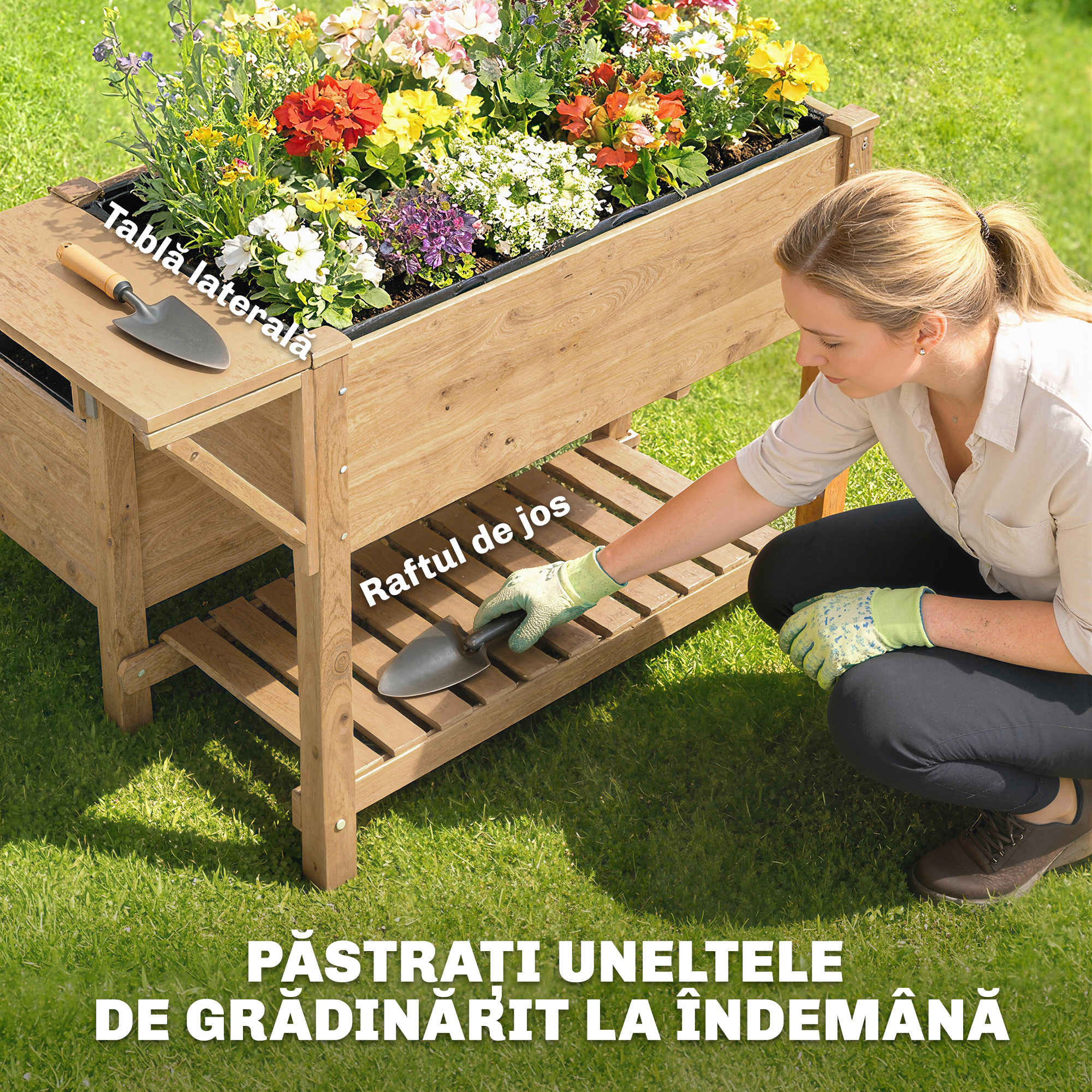  Jardiniera inaltata pe 2 Niveluri cu Rafturi Laterale si Inferior, Fabricata din Lemn de Brad cu Captuseala si Orificii de Drenare, pentru Flori si Legume, 119,5x102x76,5cm, Maro Deschis [4]