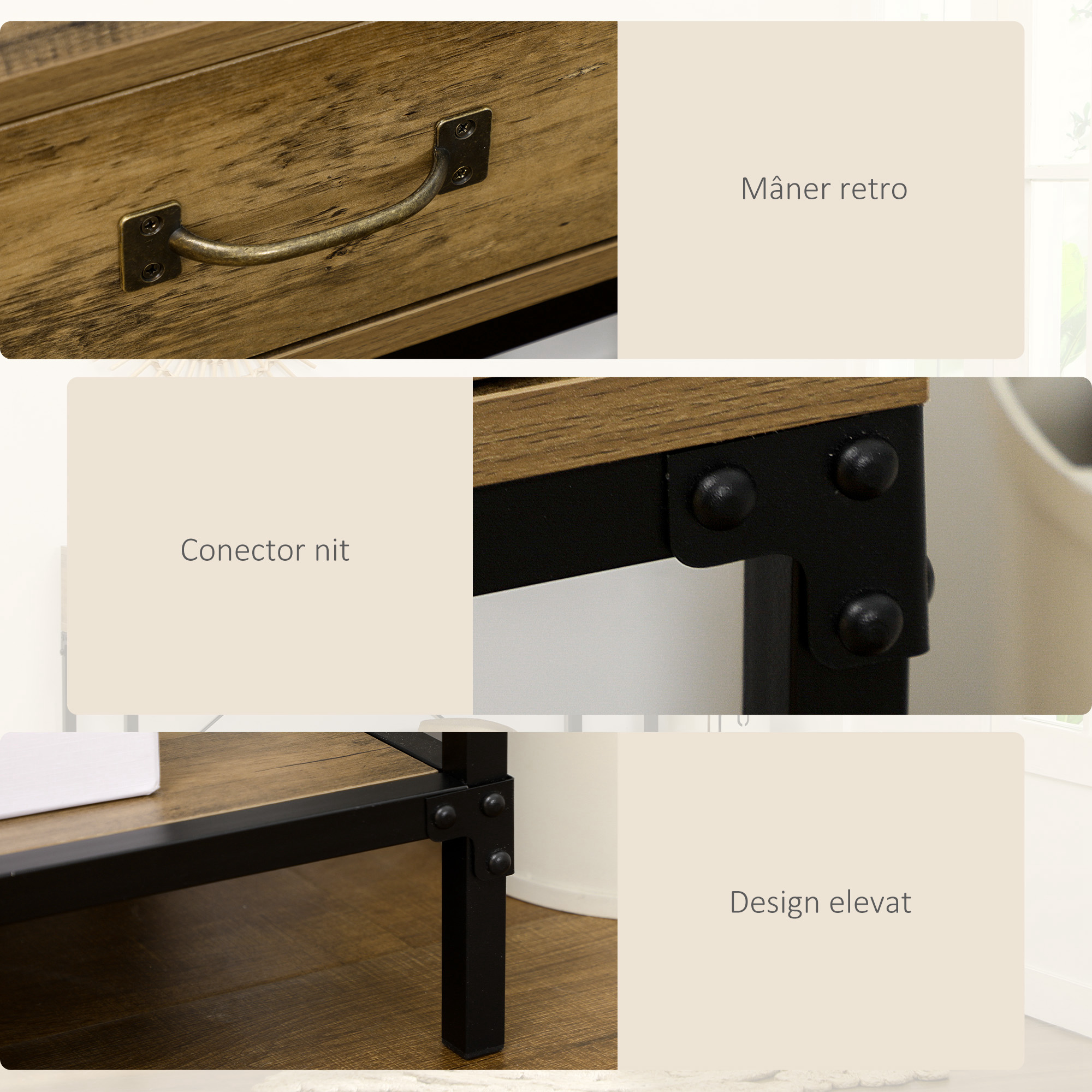  Masa Consola Vintage - Lemn & Metal cu Sertare & Raft [5]