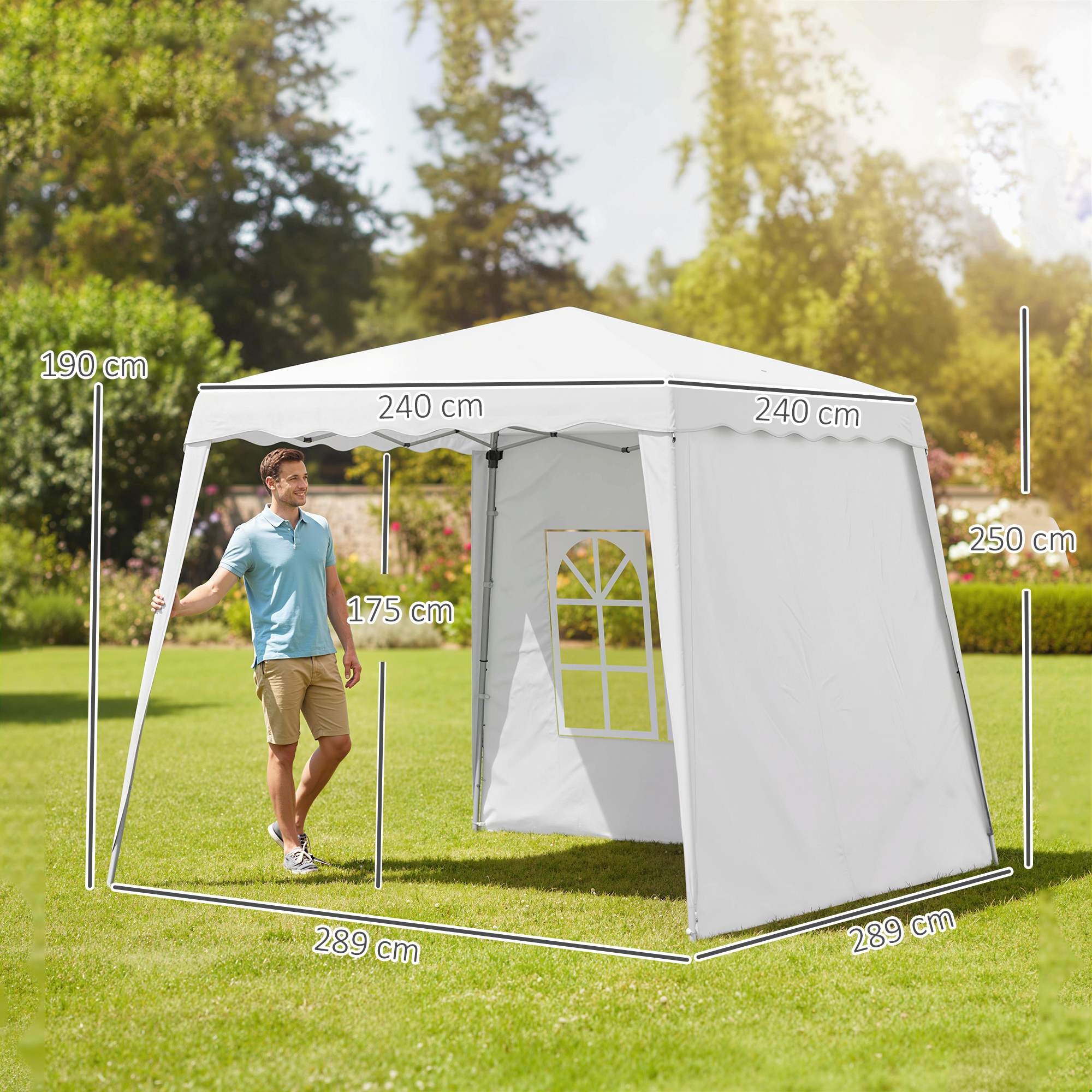  Pavilion pliabil cu 2 laterale, Stalpi oblici si geanta de transport, cort de evenimente inaltime reglabila UV50+, cort de gradina, curte, acoperis 2,4 x 2,4 m / baza 2,9 x 2,9 m, alb [2]