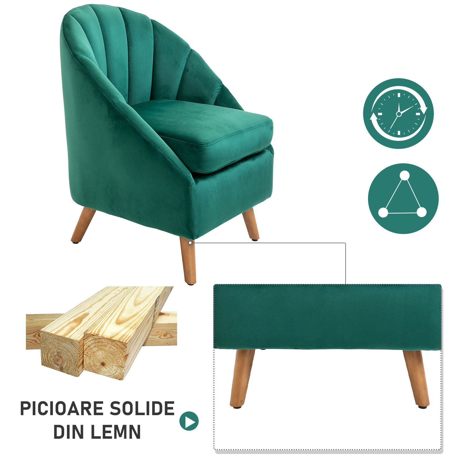  Fotoliu Verde din Catifea - Elegant cu Picioare din Lemn [4]