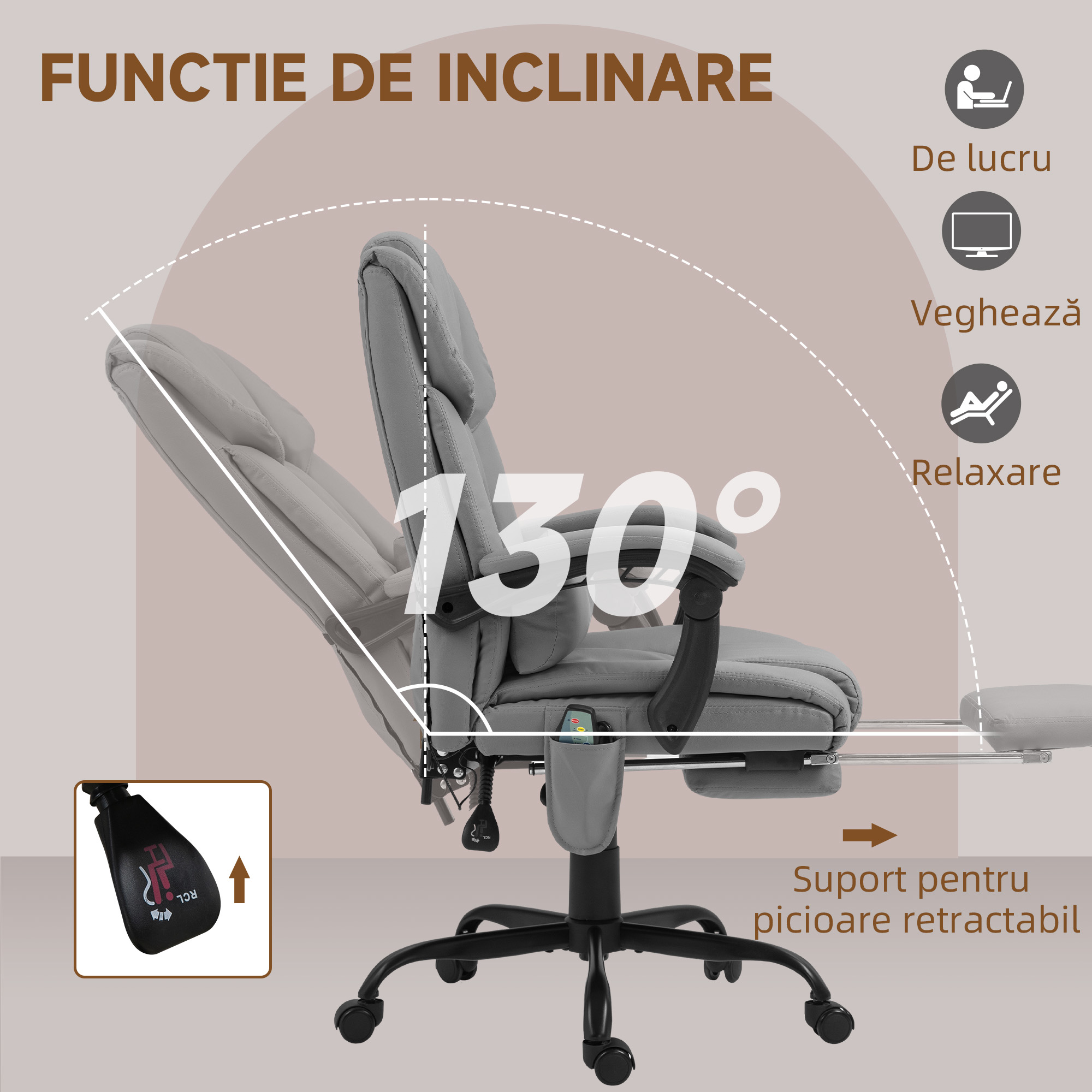 Fotoliu Reglabil pe inaltime cu Tetiera si Suport pentru Picioare din Piele Artificiala, 66x75x112-122 cm, Gri [4]