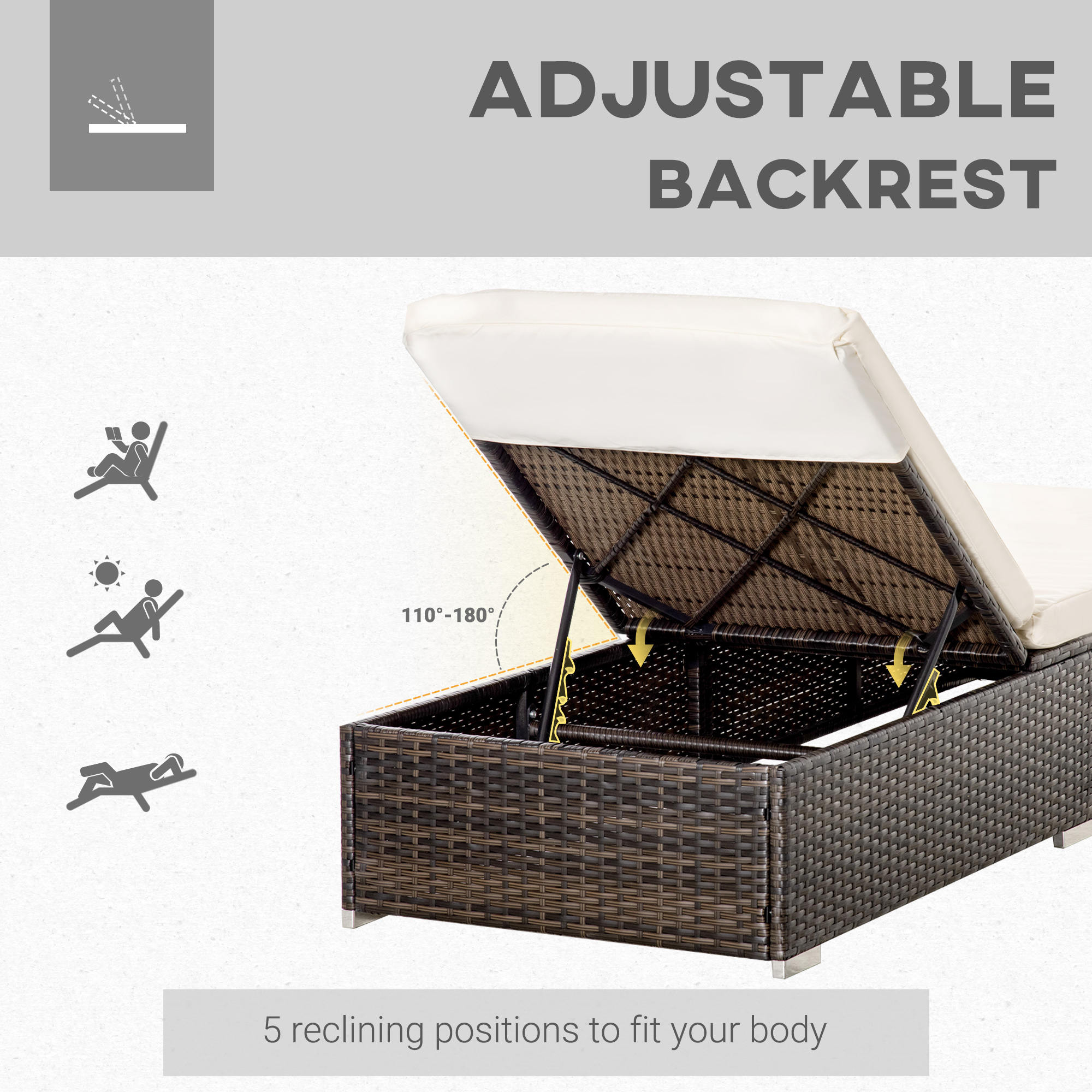  Sezlong pentru Plaja din Ratan PE cu Spatar Rabatabil in 5 Pozitii, 195x68x30cm, Maro [5]