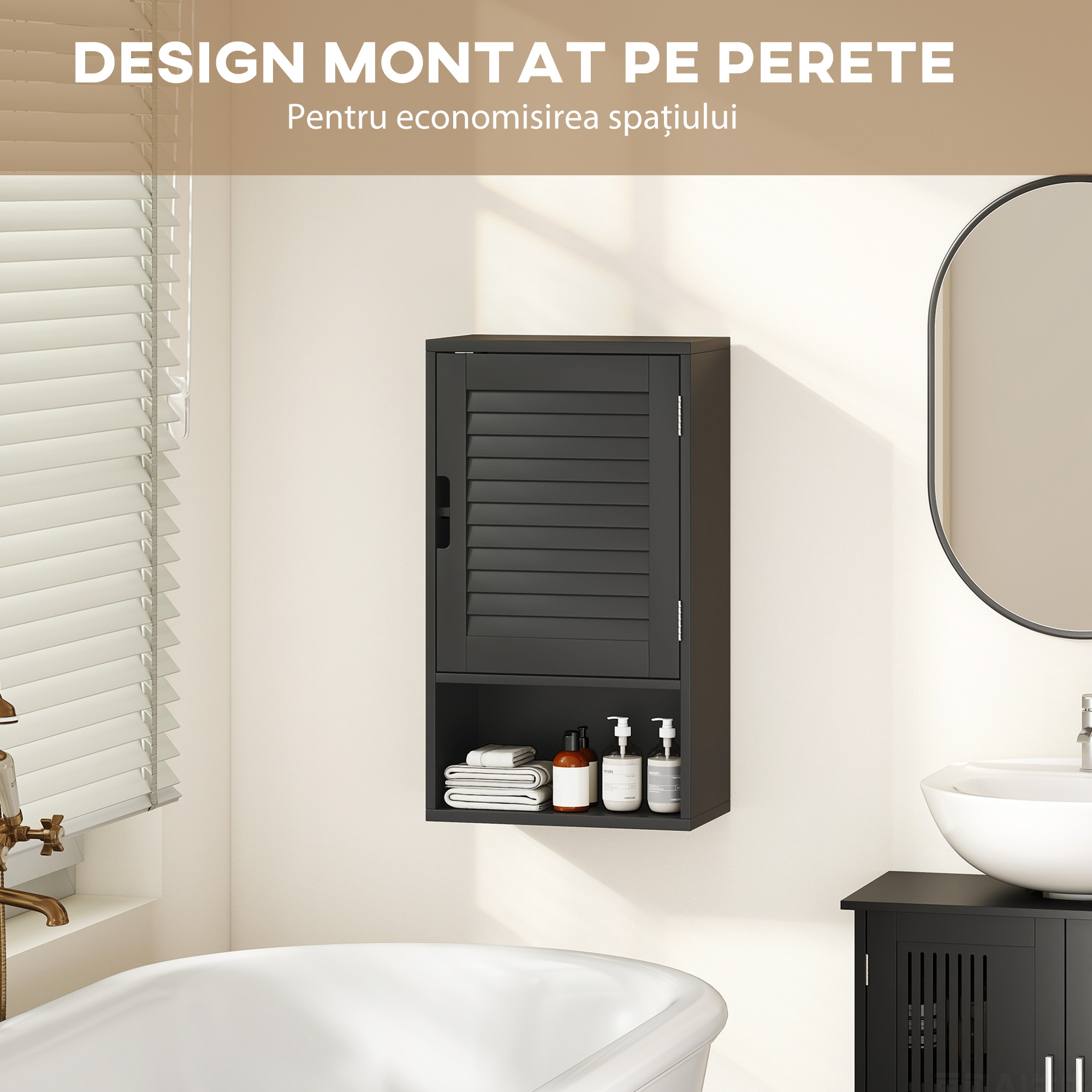  Dulap de Baie, Dulap Montat pe Perete cu Rafturi Regabile, 40 x 20 x 60 cm, Negru [5]