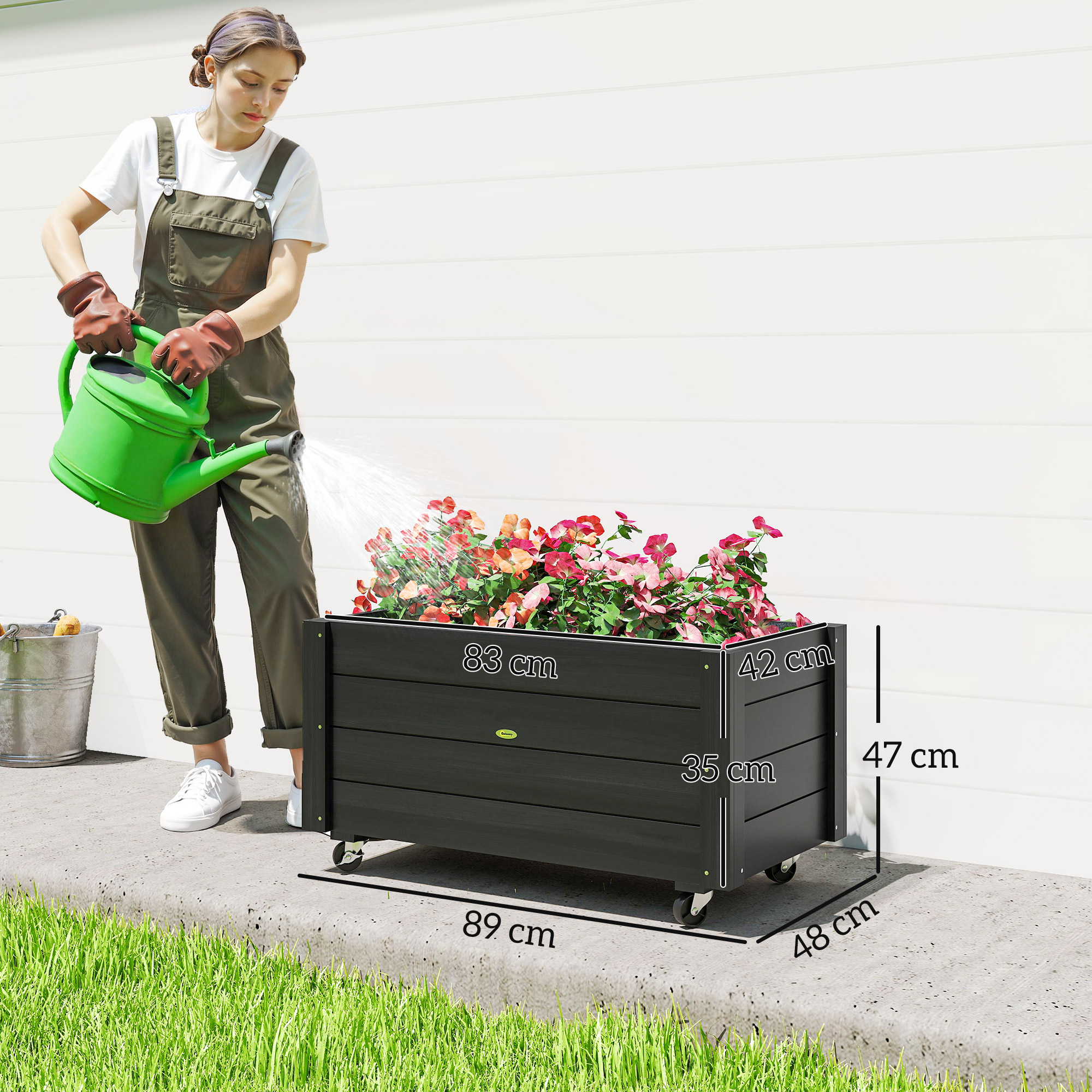  Fierastrau de gradina cu orificiu de drenaj si roti, din lemn de brad, 89x48x47 cm, negru [2]