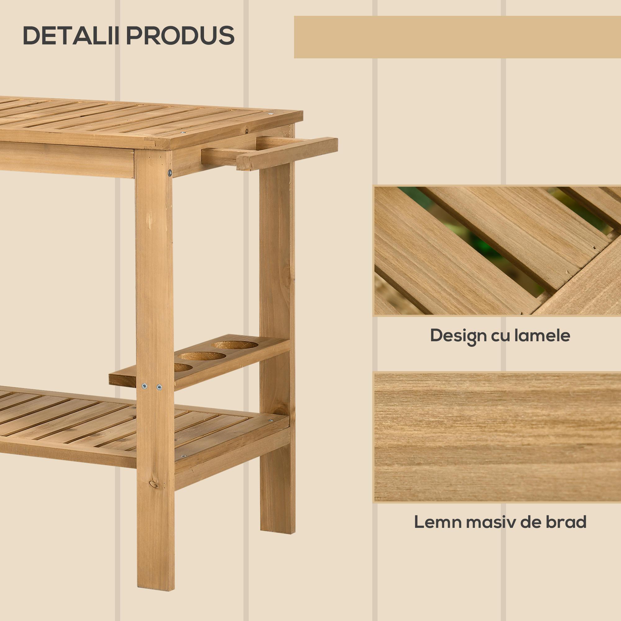  Carucior de Servire pentru Gradina din Lemn de Brad, Carucior cu Rafturi si Suport pentru Sticle, 95x47x74 cm, Natural [5]