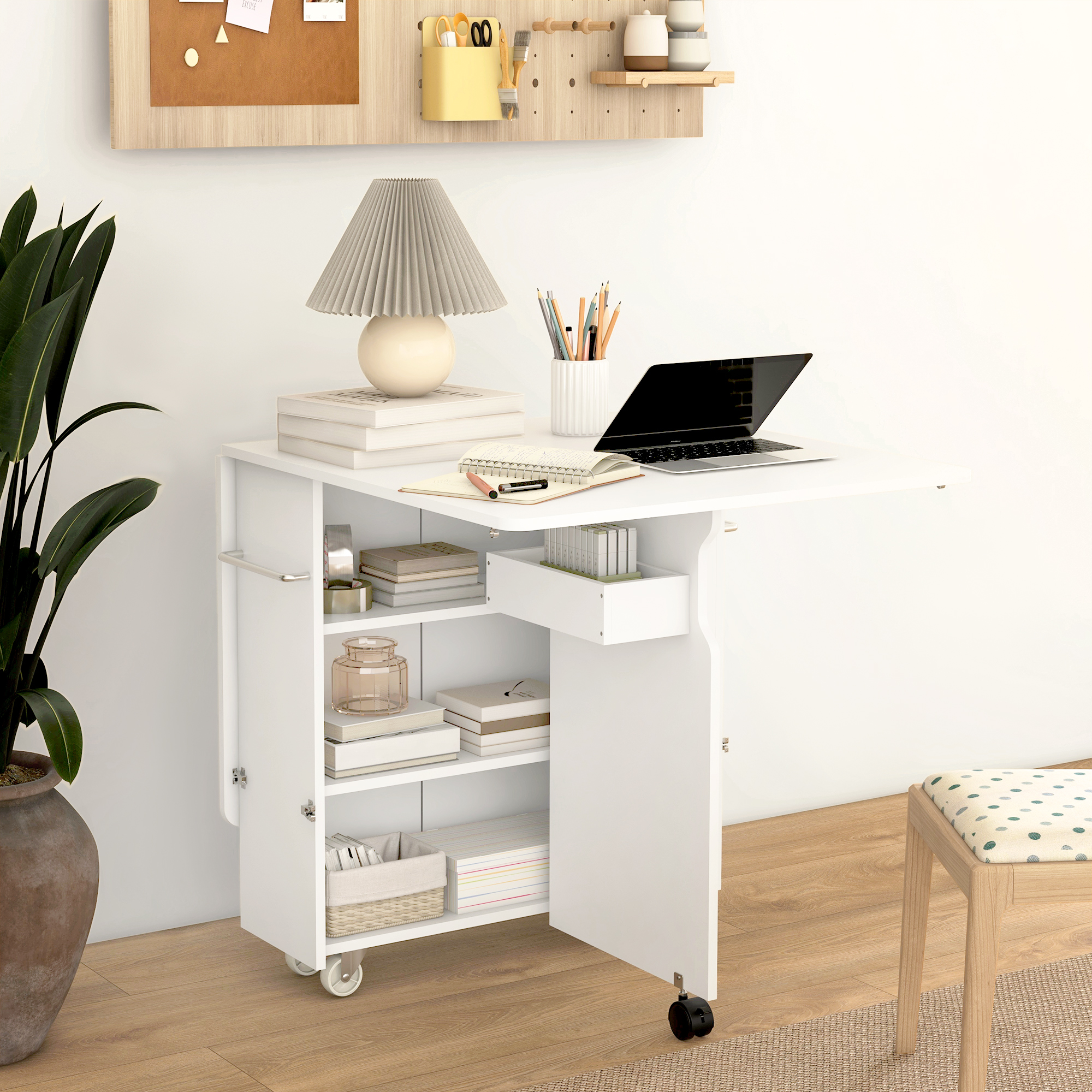  Masa Plianta, Rulanta, Masa Pliabila cu Cutie de Depozitare, Rafturi pe 3 Niveluri si Suport, 130x80x76.5 cm, Alb [8]