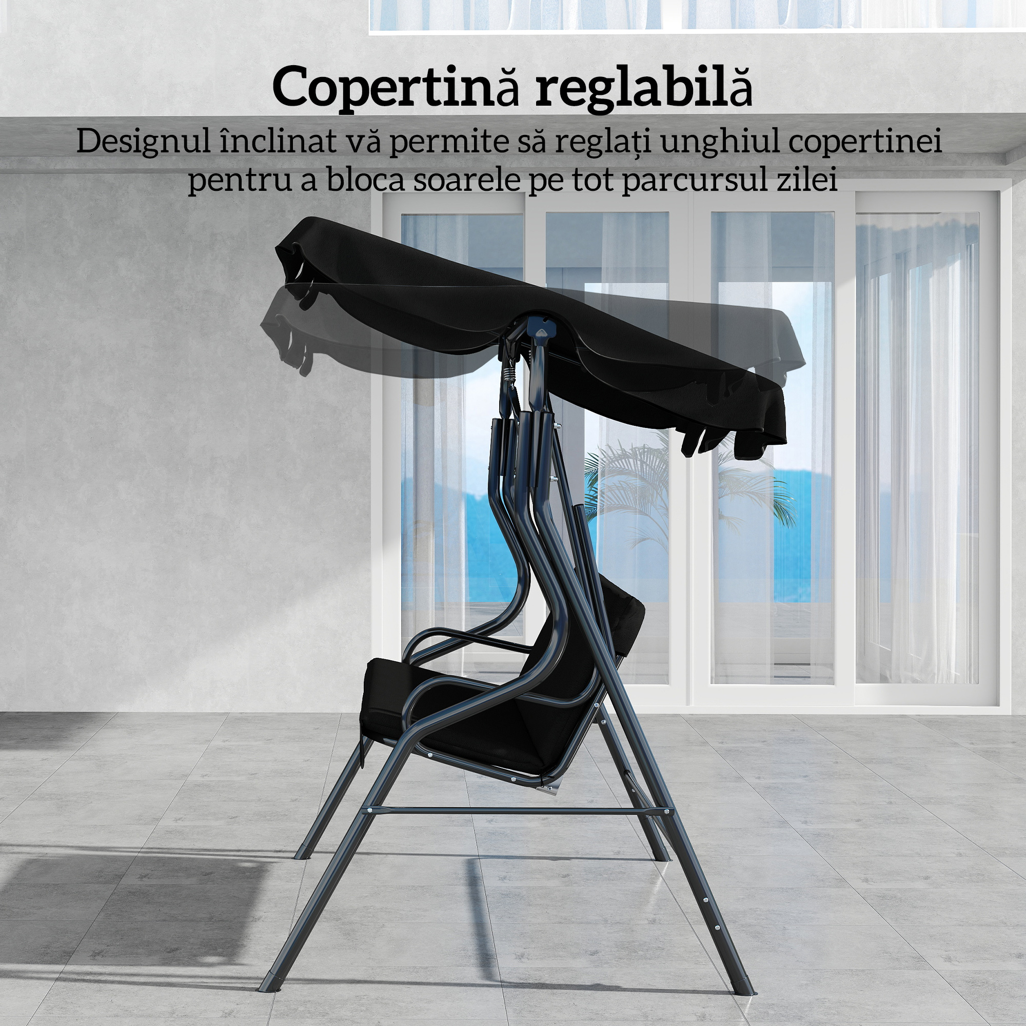  Leagan pentru 3 persoane cu copertina reglabila si perne, din otel si poliester, 170x110x153 cm, negru [3]