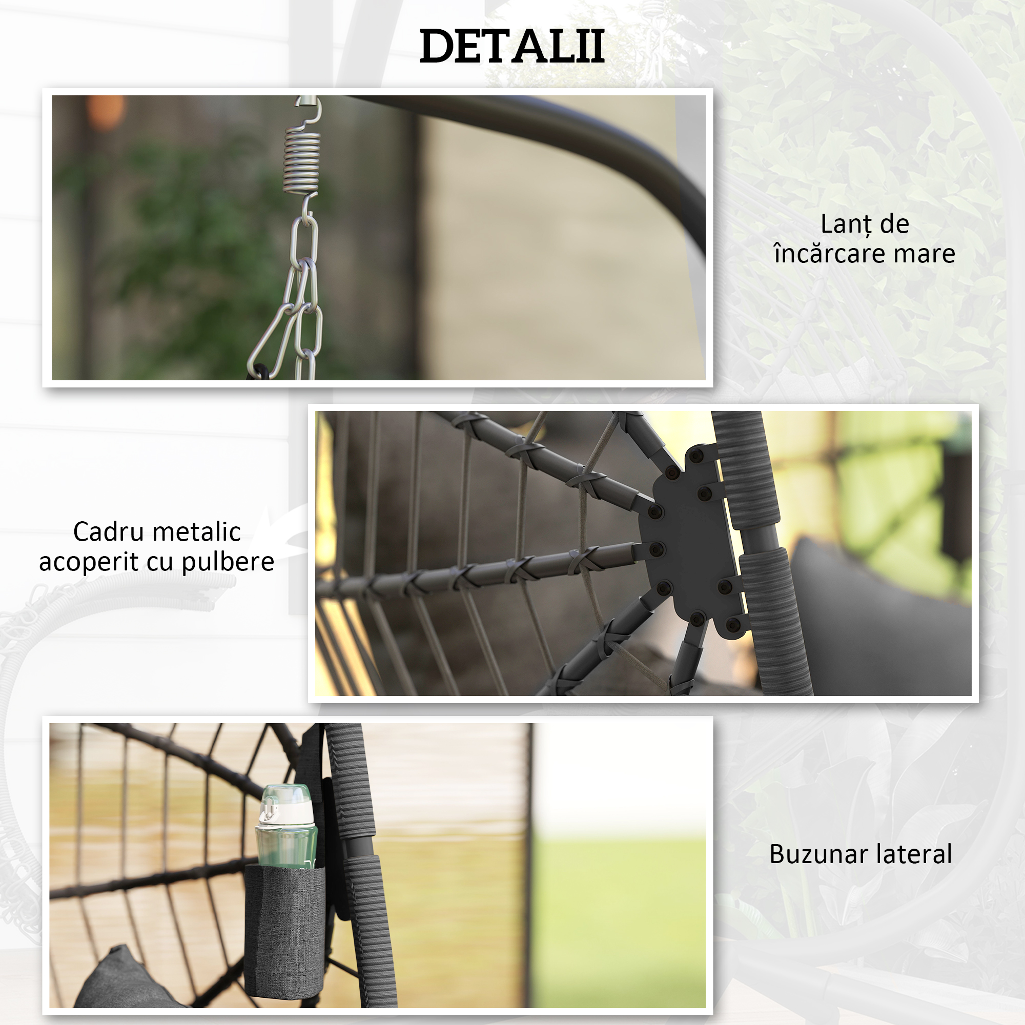  Scaun Suspendat de Exterior, cu Perna, Tip Ou, 120 cm x 106 cm x 188 cm, Gri [6]