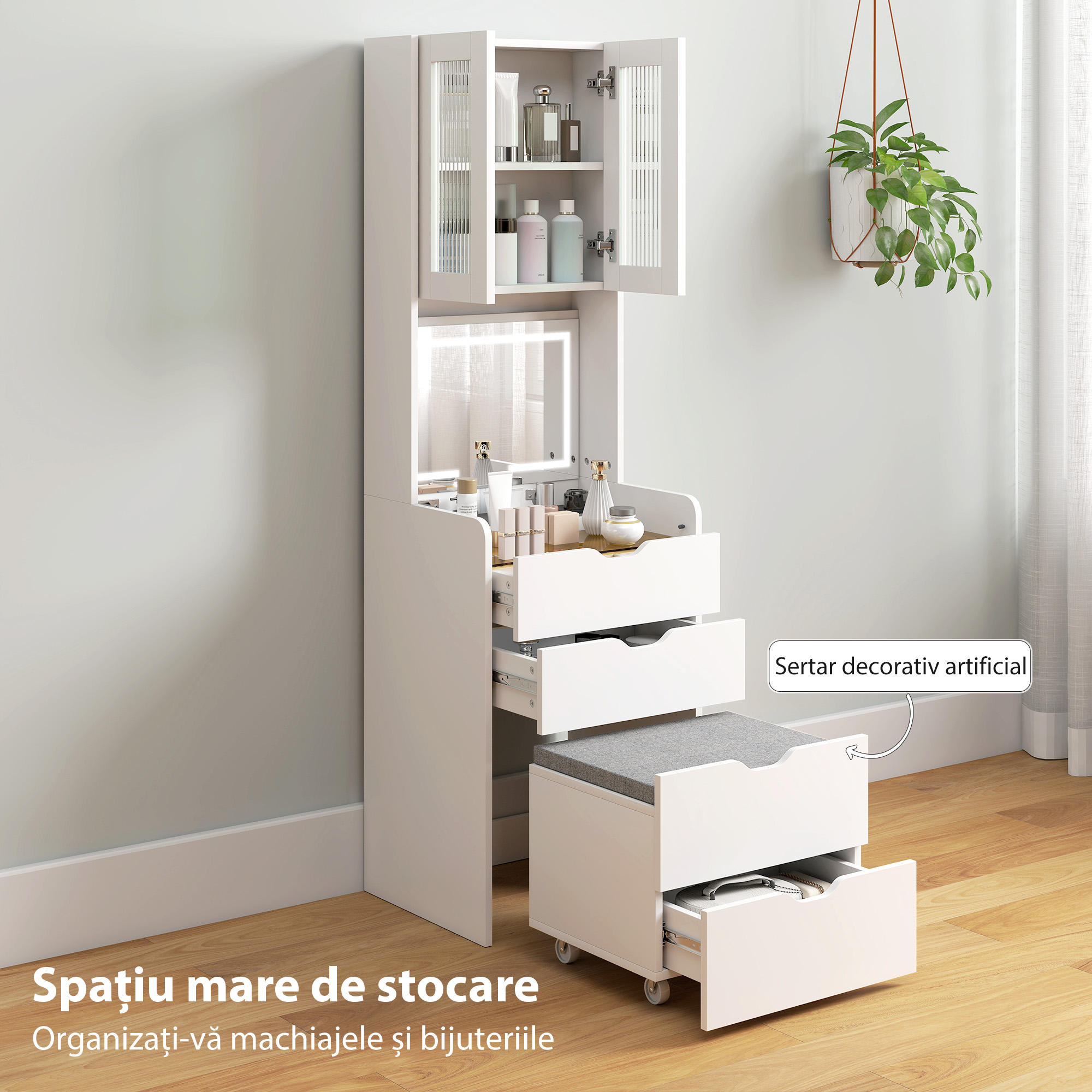  Masa de Toaleta pentru Machiaj cu Oglinda Iluminata si Taburet, Lumina Reglabila, Sertare si Dulap, Alb [5]