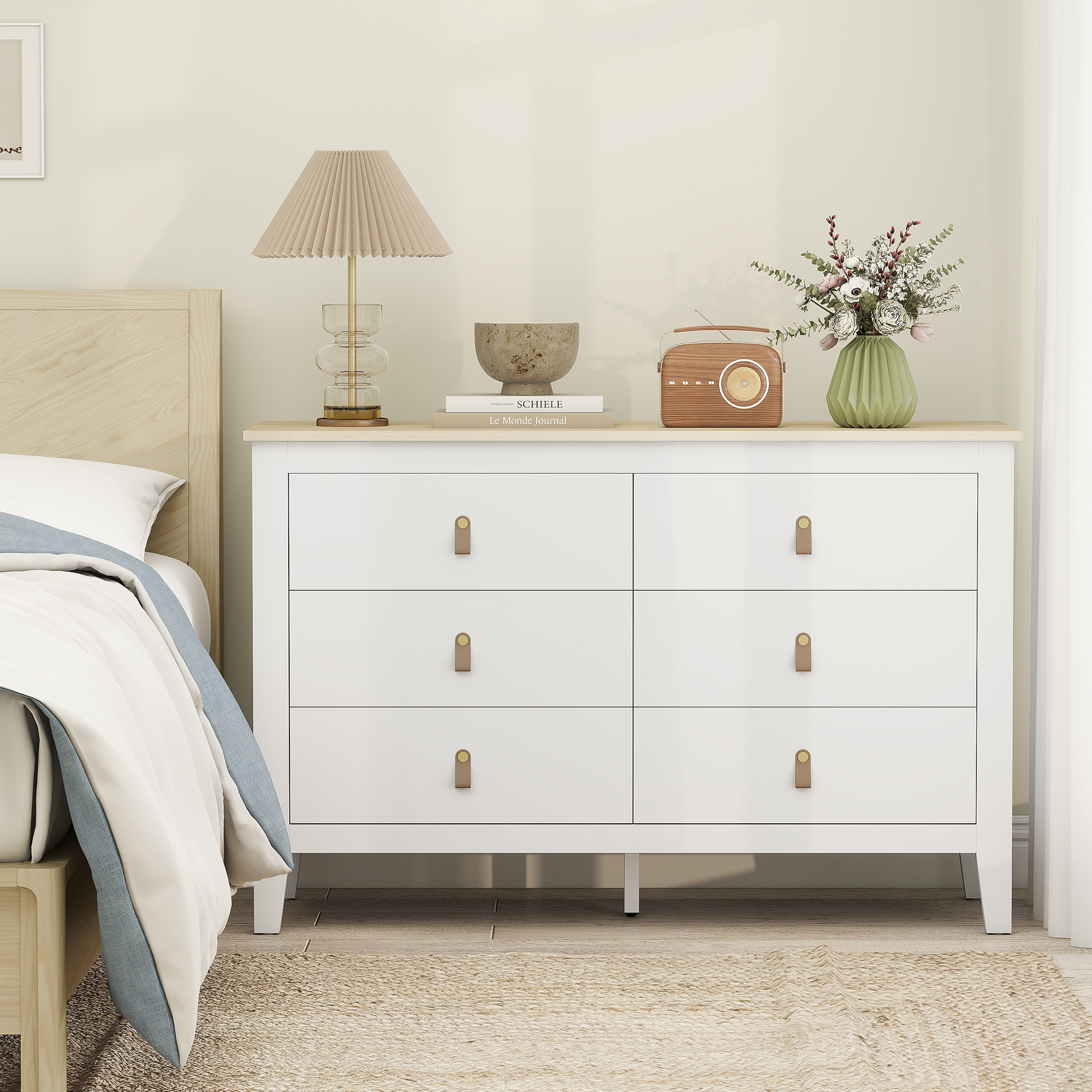  Comoda pentru Dormitor cu 6 Sertare si Manere din Piele Ecologica, 120x40x78 cm, Alba [1]