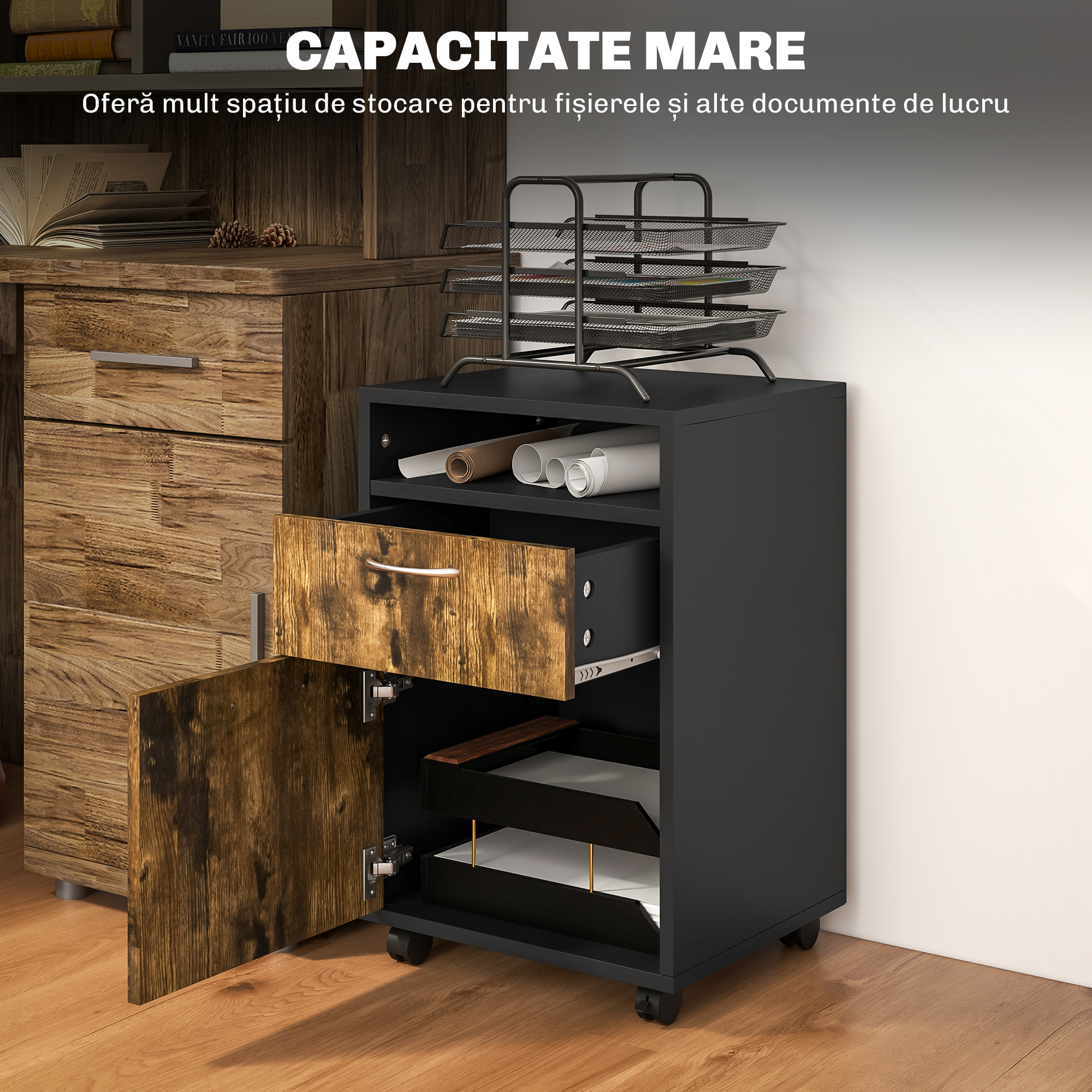  Comoda pentru documente cu sertar si raft, 4 roti, 40x35x60cm, maro si negru [3]