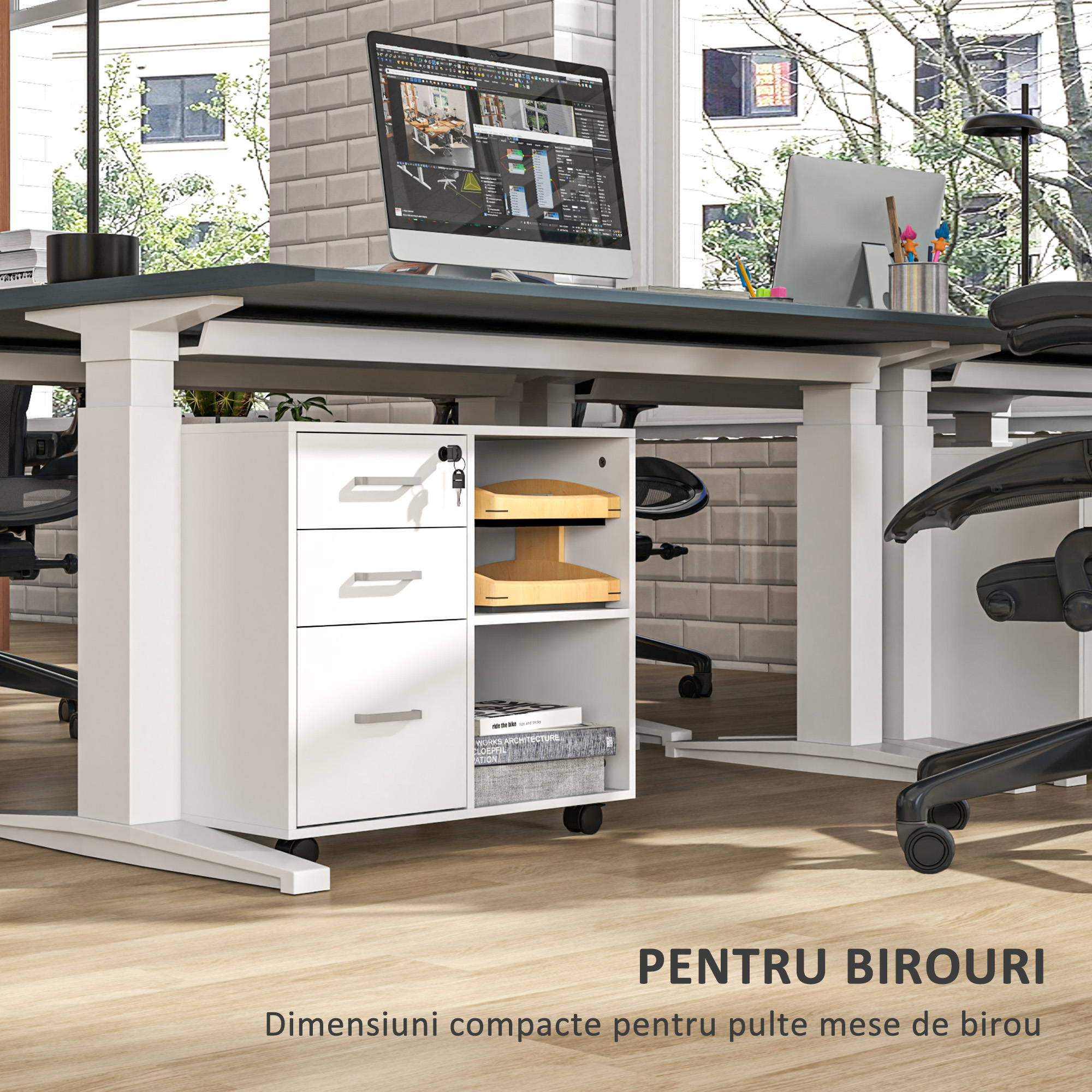  Dulap cu Sertare pentru Birou, Suport pentru Documente cu 3 Sertare cu incuietoare si Chei, 60x40x56 cm, Alb [6]