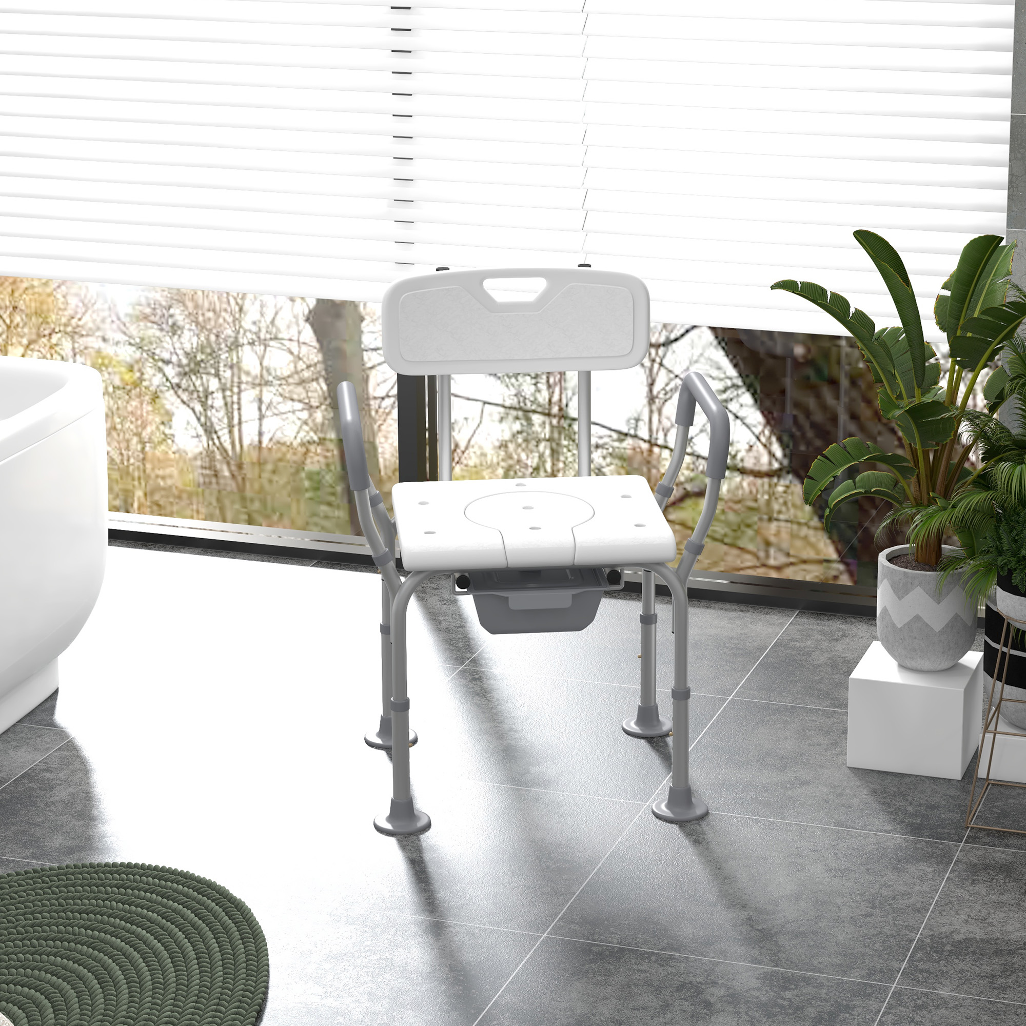  Scaun de Dus 3 in 1 cu Spatar si Brate, Toaleta langa Pat cu Inaltime Reglabila, Scaun de Toaleta Ridicat cu Placuta de Picior  pentru Seniori, Femei Insarcinate, Persoane cu Dizabilitati, Alb [1]