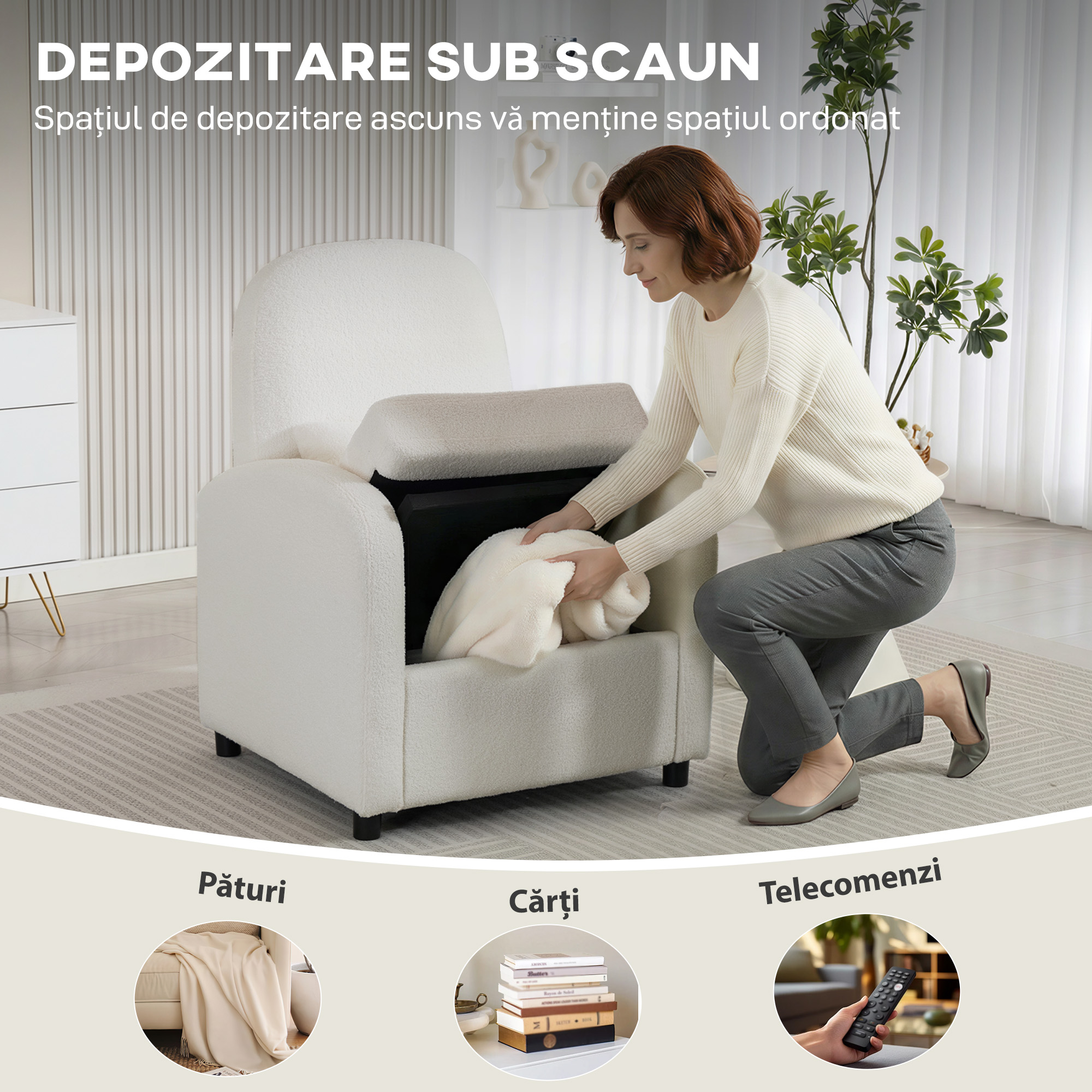  Fotoliu de Salon Tapitat cu Spatiu de Depozitare Ascuns, Spatar inalt, Fotoliu Modern cu Cotiere, Perna Lombara si sezut Spatios, din Plus Teddy, pentru Dormitor si Sufragerie, Crem [5]