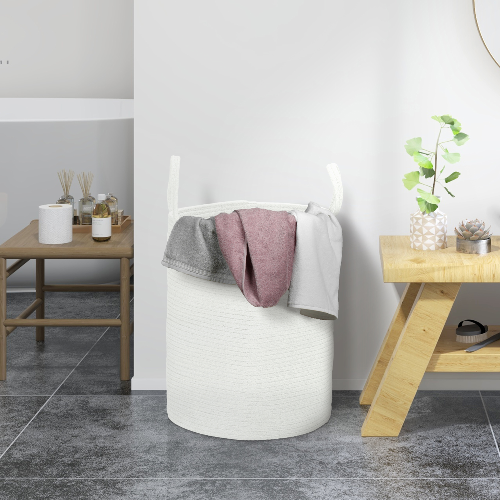  Cos pentru rufe de 36L, portabil si pliabil cu manere din bumbac natural, Ø38x45 cm, crem [1]