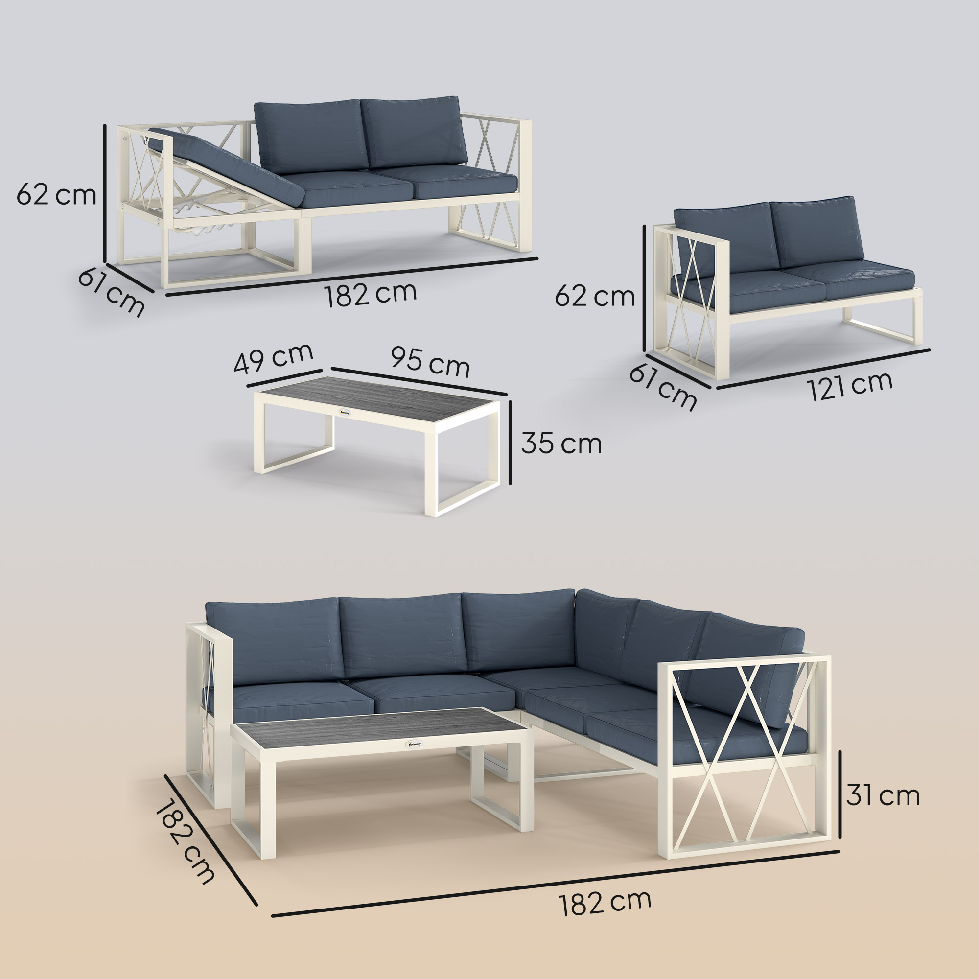  Set Mobilier de Gradina din 4 Piese cu 2 Canapele, Fotoliu Reglabil si Masuta de Cafea, 121x61x62 cm, Gri [2]