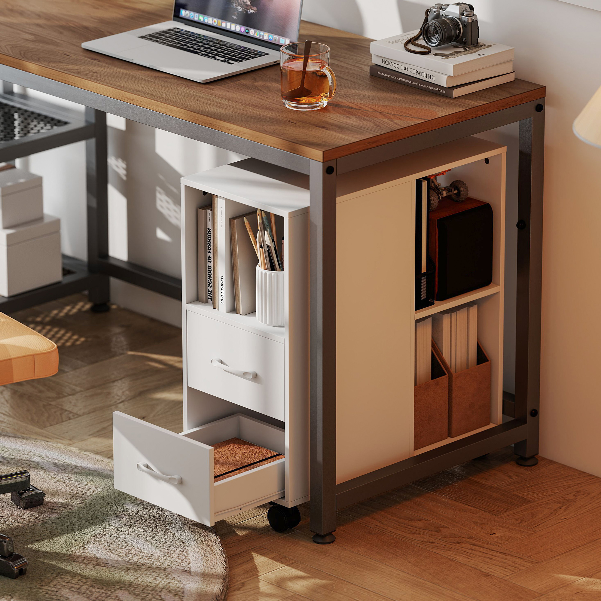  Masuta Minimalista pe Rotile cu 2 Sertare, Compartiment Deschis si Raft Reglabil, din Lemn, 60x30x65 cm, Alb [8]