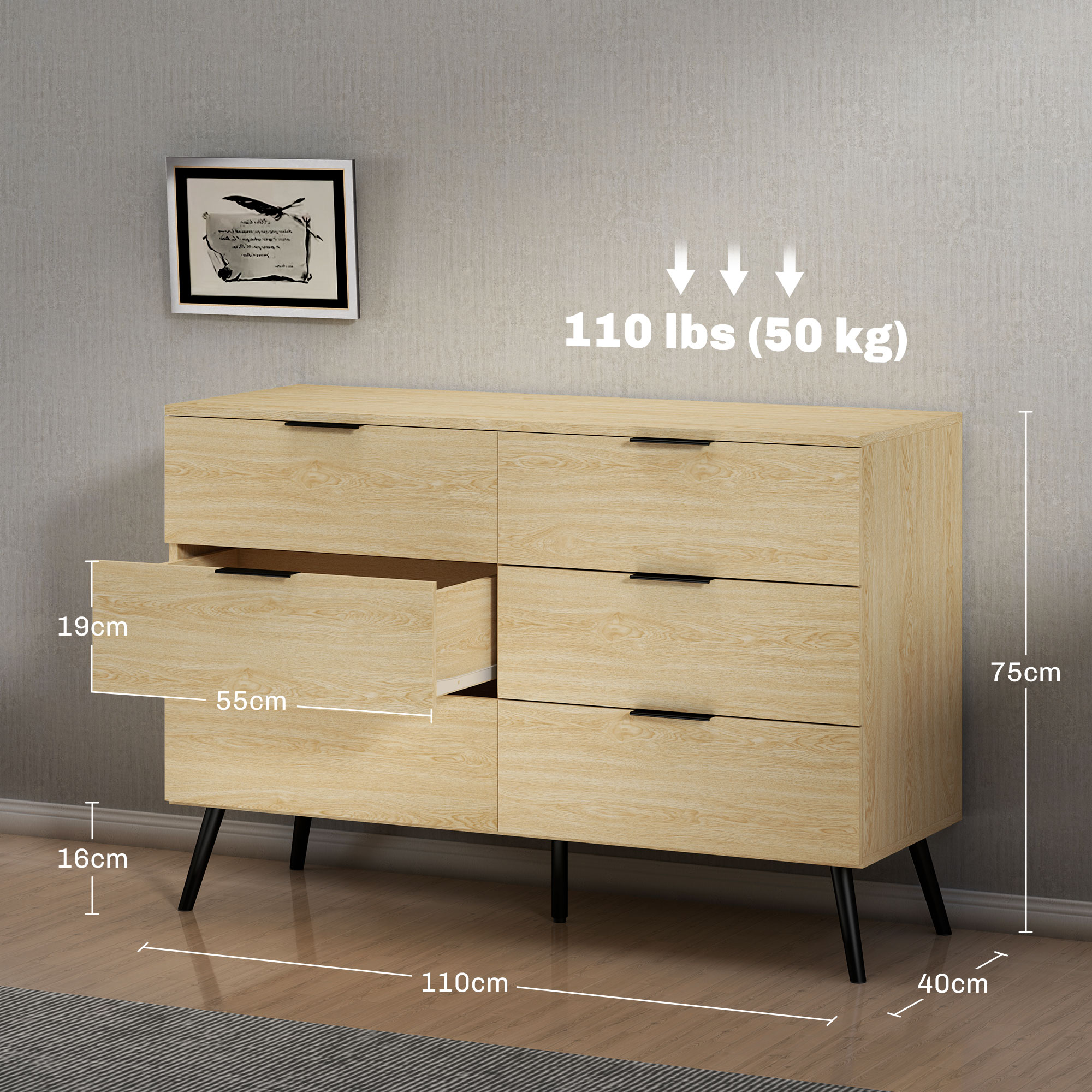  Comoda cu 6 Sertare, Unitate de Depozitare pentru Dormitor, Living, 110x40x75 cm, Lemn Natural [2]