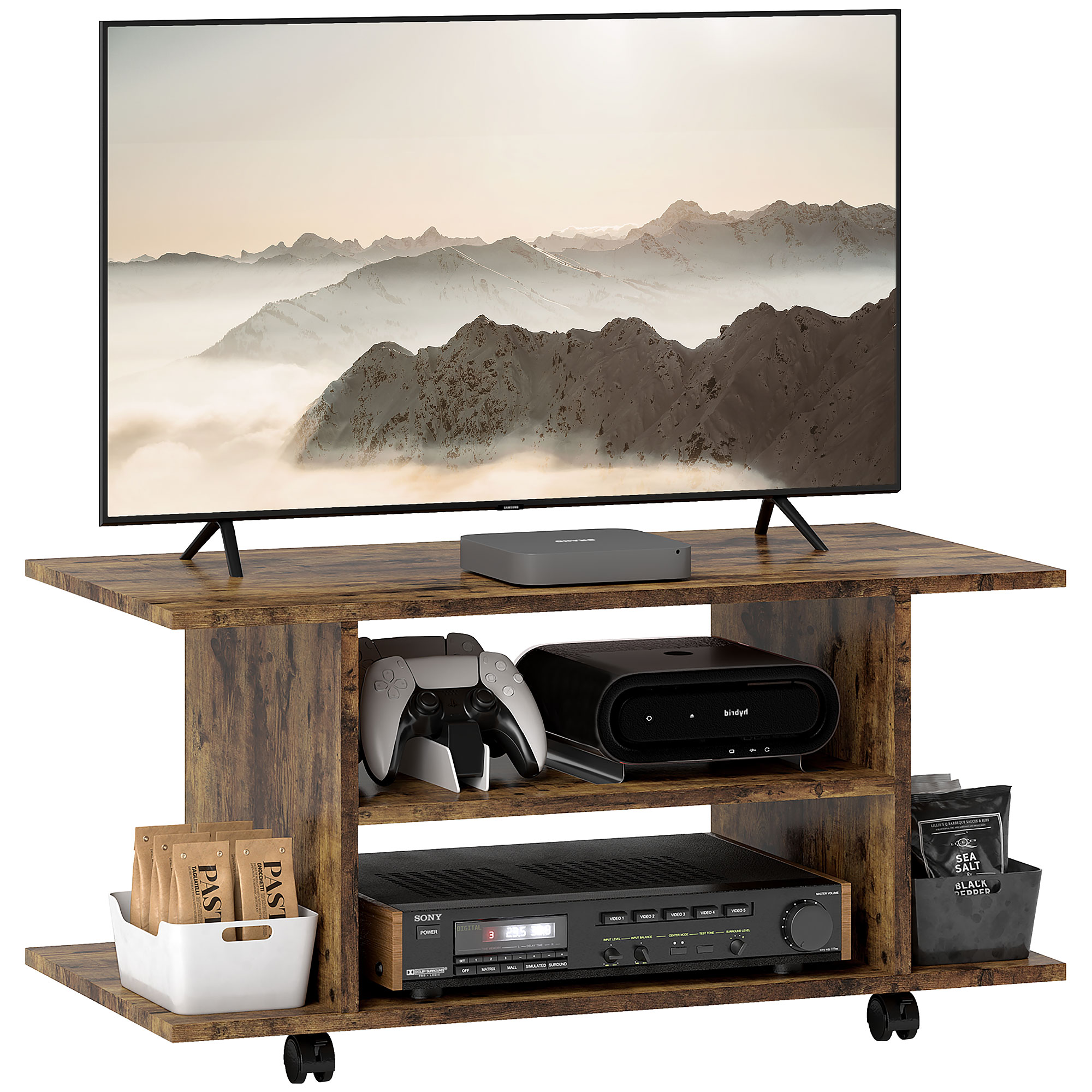 Living & hol -  Modern TV Cabinet Stand Storage Shelves Table Mobile Bedroom Furniture Bookshelf Bookcase Rustic Brown